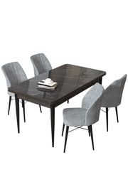 Conjunto de mesa de jantar e cadeiras – 110 cm x 76 cm x 71 cm – Mármore Preto e Cinza – Aglomerado revestido de melamina, Metal, Tecido Jerry