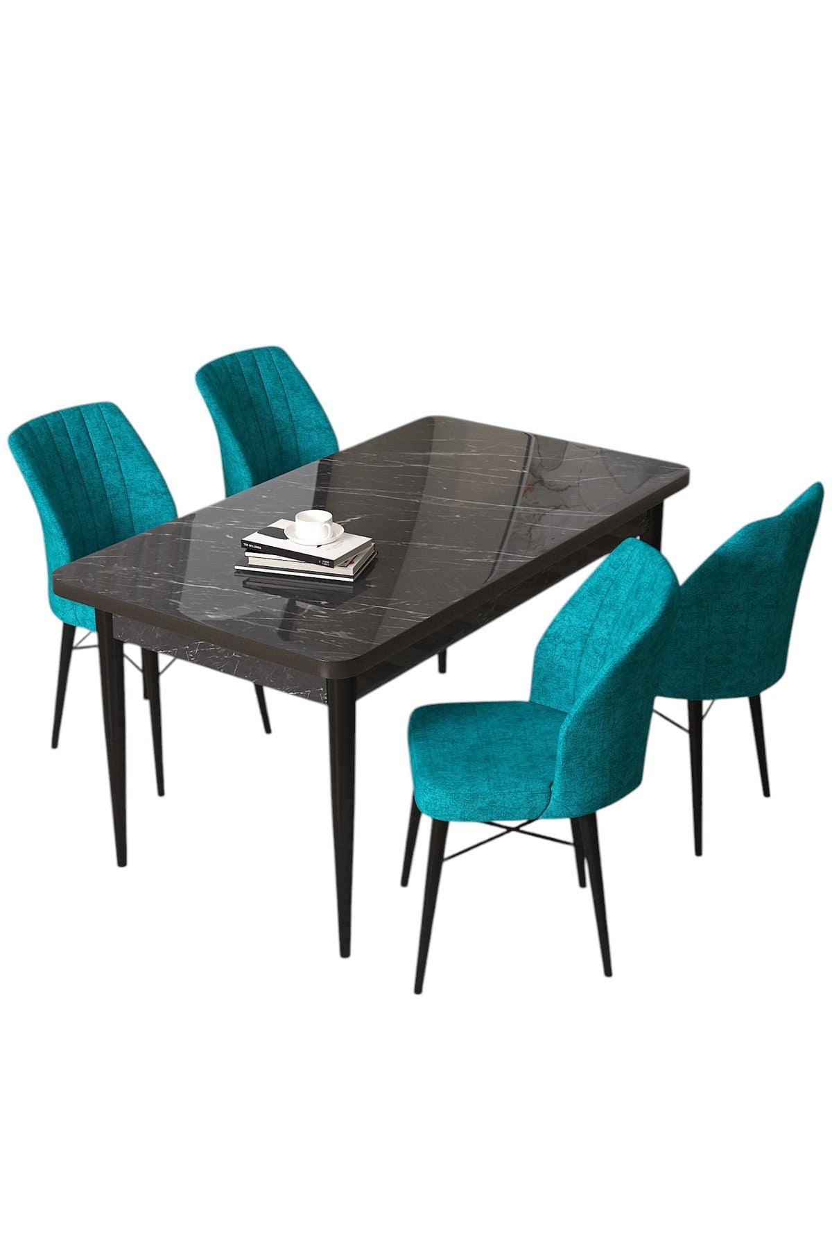 Conjunto de mesa de jantar e cadeiras (5 peças)-Arp-Mármore Preto
Turquesa