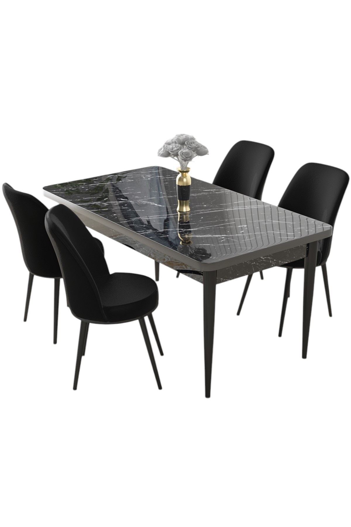 Conjunto de mesa de jantar e cadeiras (5 peças)-Nil-Mármore Preto
Preto
