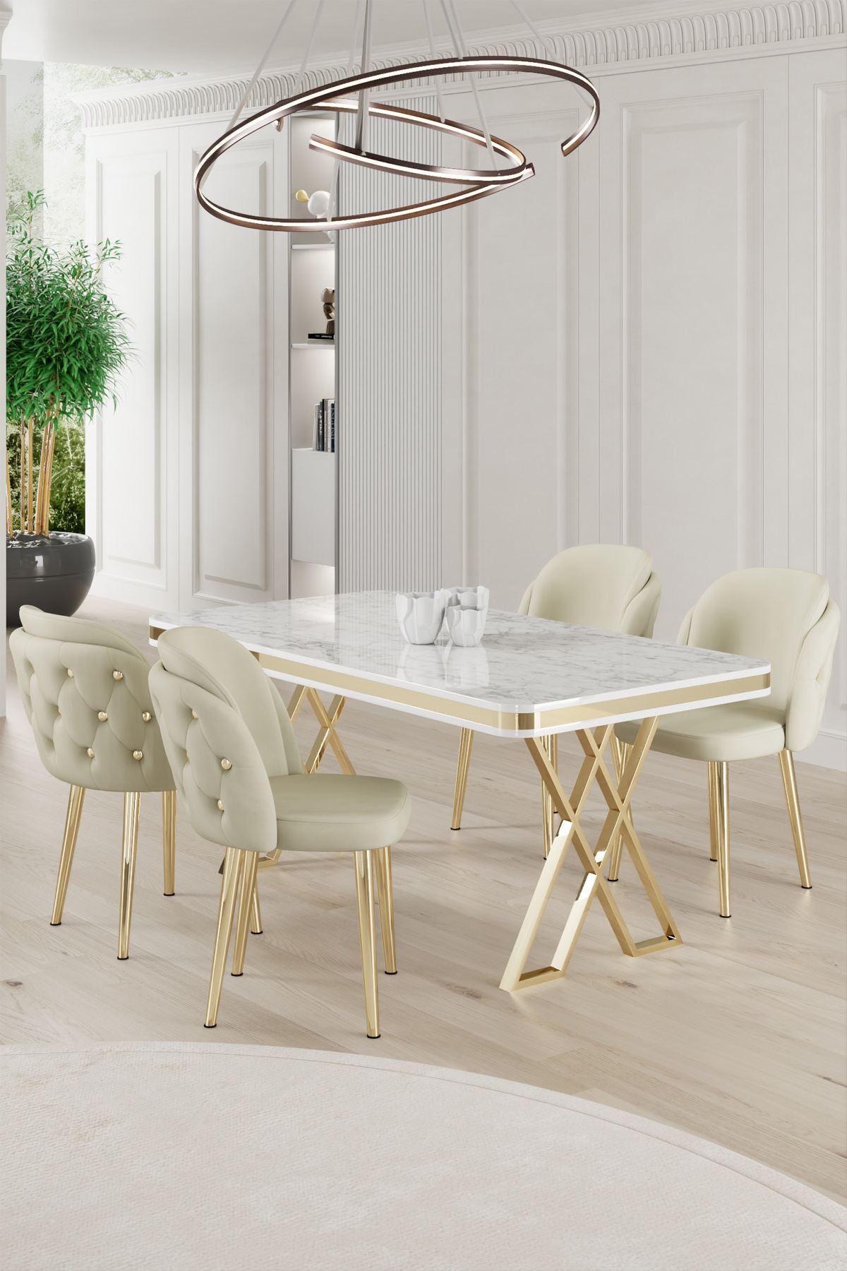 Conjunto de mesa de jantar e cadeiras (5 peças)-Rigel-Branco
Ouro
Creme