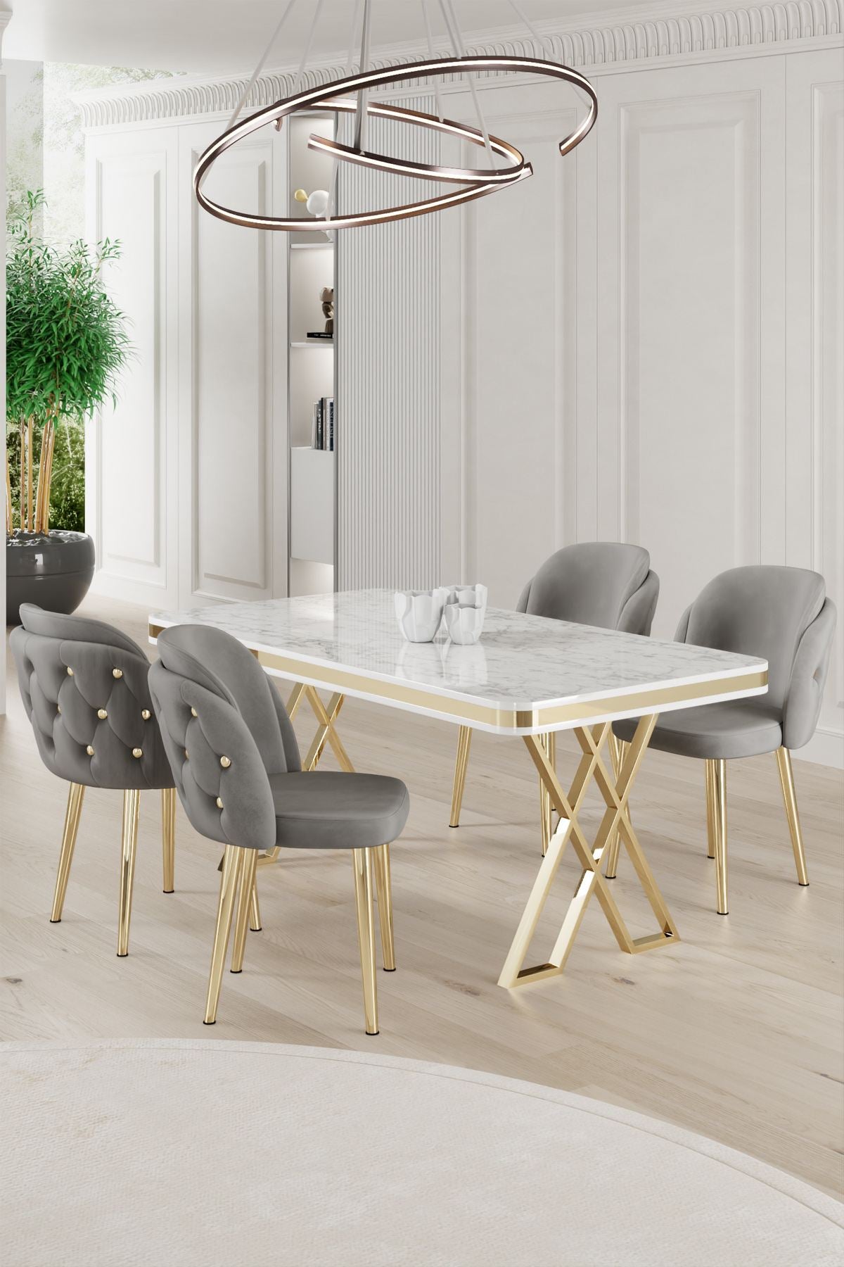 Conjunto de mesa de jantar e cadeiras (5 peças)-Rigel-Branco
Dourado
Cinza
