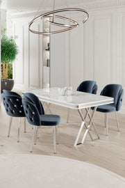 Conjunto de mesa de jantar e cadeiras – 130 cm x 74 cm x 80 cm – Branco, Cromo, Antracite – Painel laqueado, Metal, Compensado, Tecido