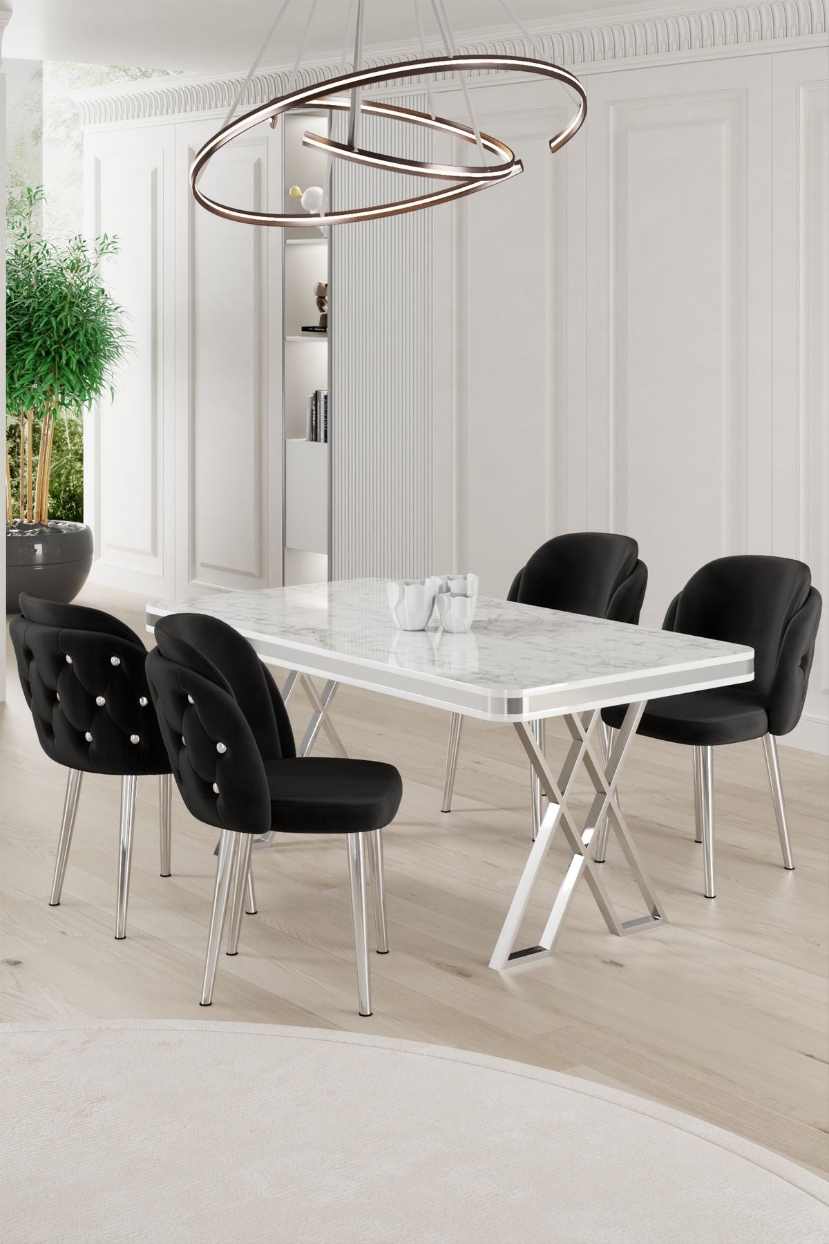 Conjunto de mesa de jantar e cadeiras (5 peças)-Rigel-Branco
Cromado
Preto