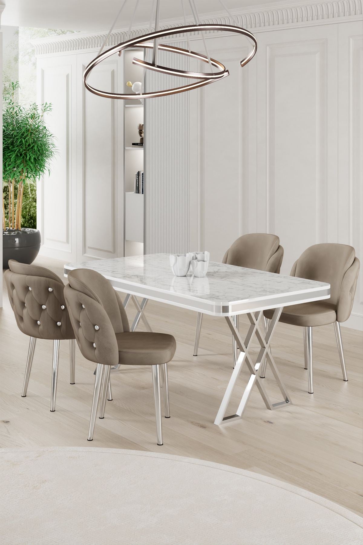 Conjunto de mesa de jantar e cadeiras (5 peças)-Rigel-Branco
Cromado
Cappuccino