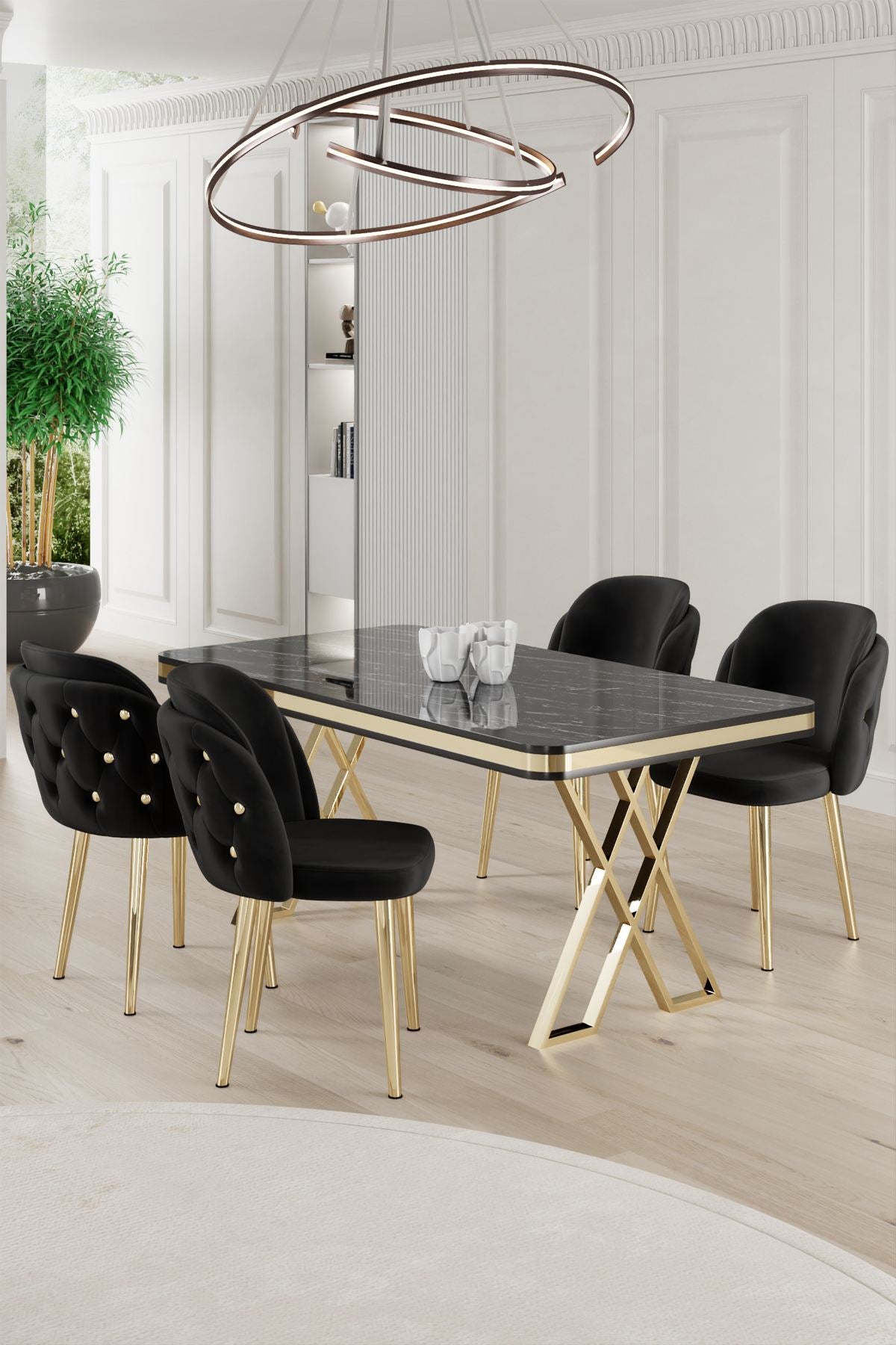 Conjunto de mesa de jantar e cadeiras (5 peças)-Rigel-Mármore Preto
Dourado
Preto