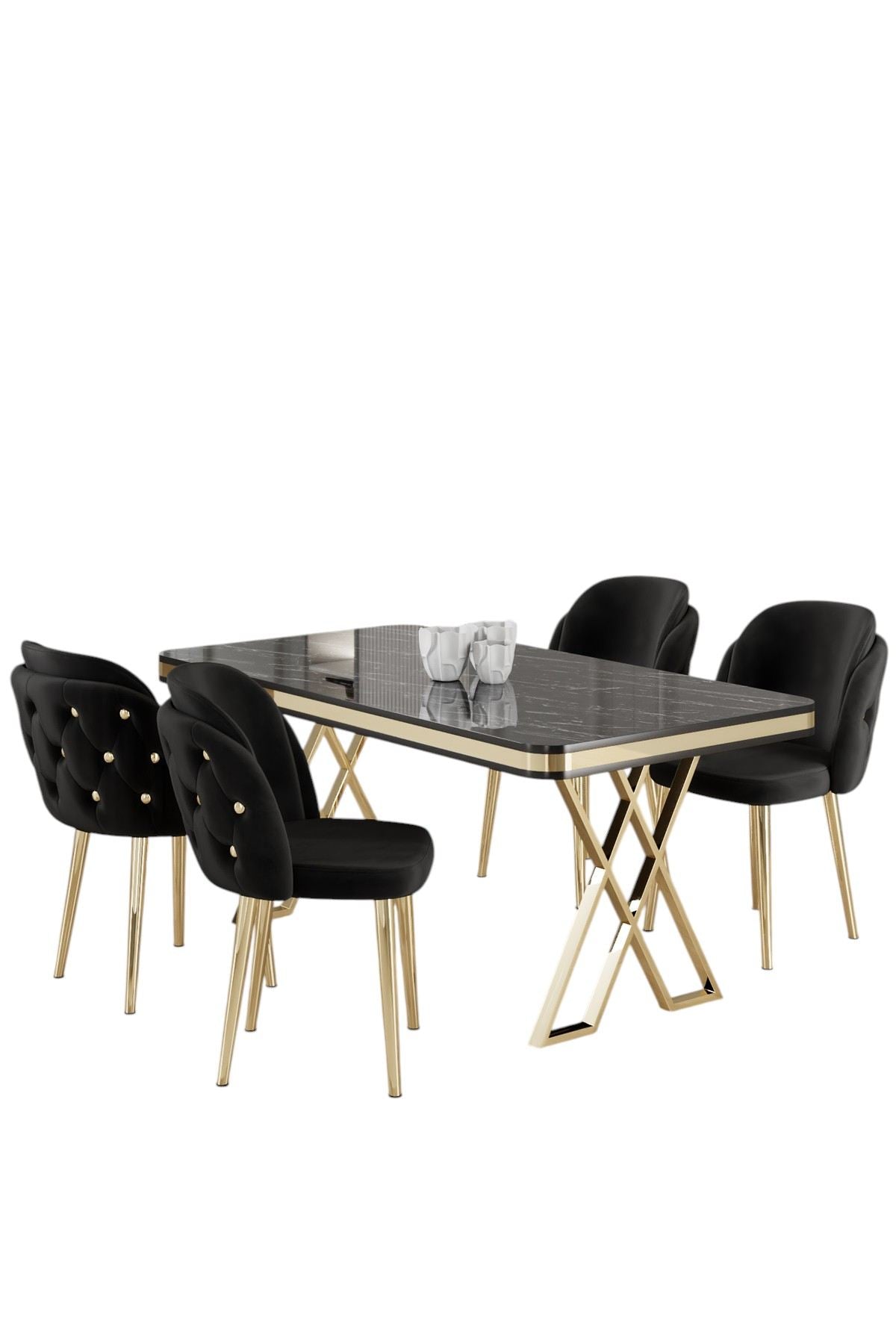 Conjunto de mesa de jantar e cadeiras (5 peças)-Rigel-Mármore Preto
Dourado
Preto