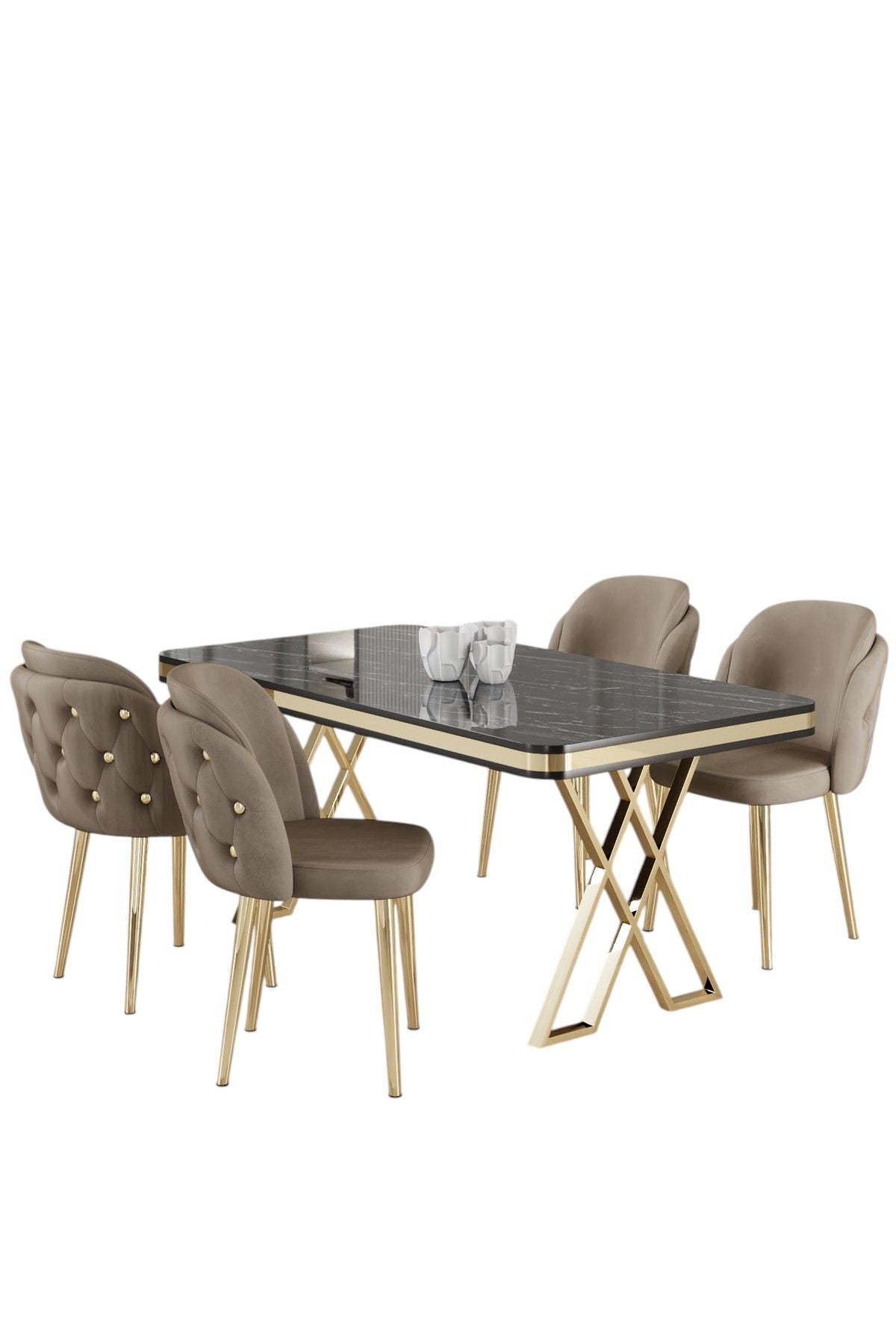 Conjunto de mesa de jantar e cadeiras (5 peças)-Rigel-Mármore Preto
Dourado
Cappuccino