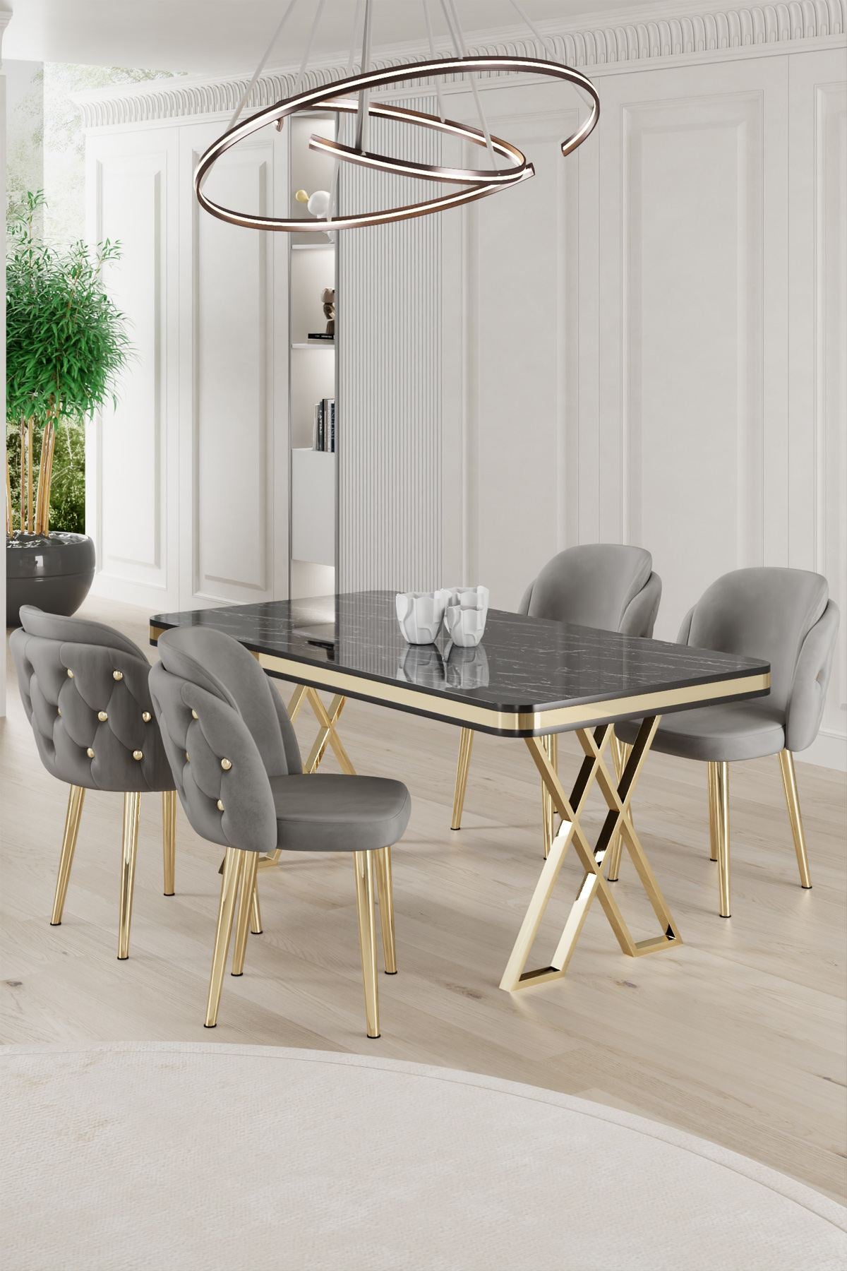 Conjunto de mesa de jantar e cadeiras (5 peças)-Rigel-Mármore Preto
Dourado
Cinza