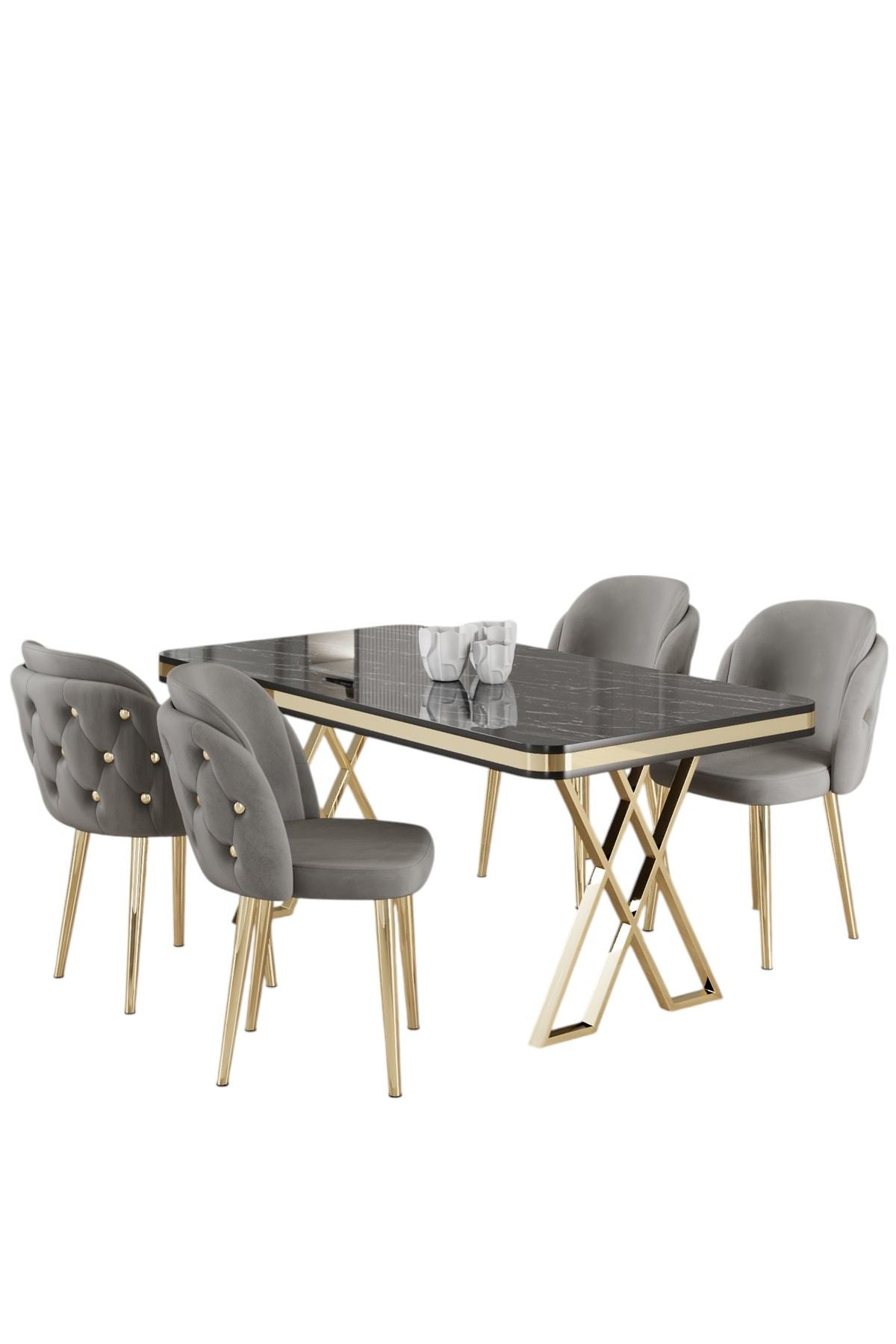 Conjunto de mesa de jantar e cadeiras (5 peças)-Rigel-Mármore Preto
Dourado
Cinza
