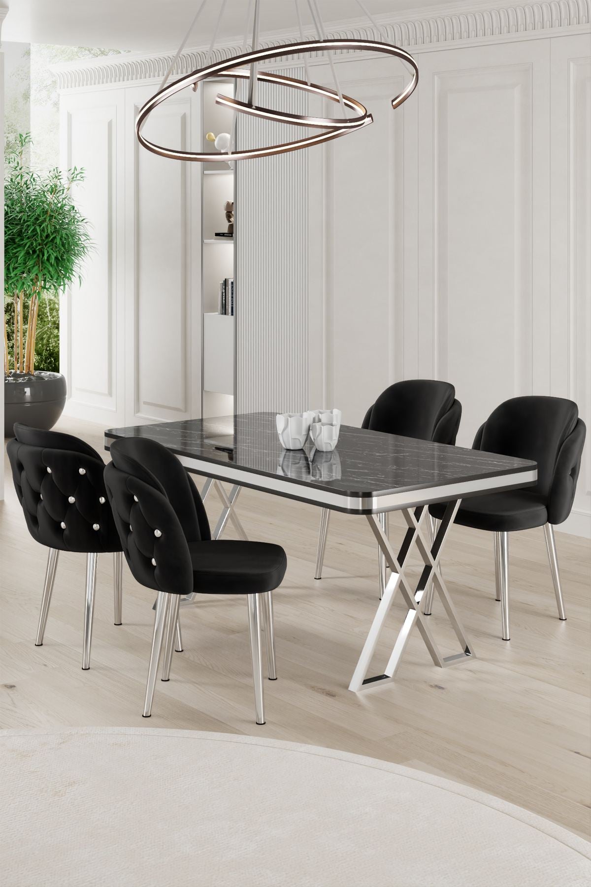 Conjunto de mesa de jantar e cadeiras (5 peças)-Rigel-Mármore Preto
Cromado
Preto