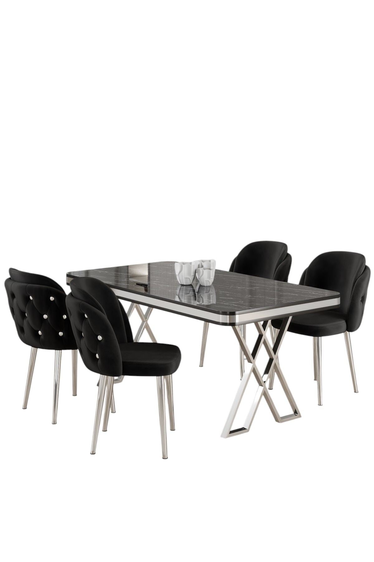 Conjunto de mesa de jantar e cadeiras (5 peças)-Rigel-Mármore Preto
Cromado
Preto