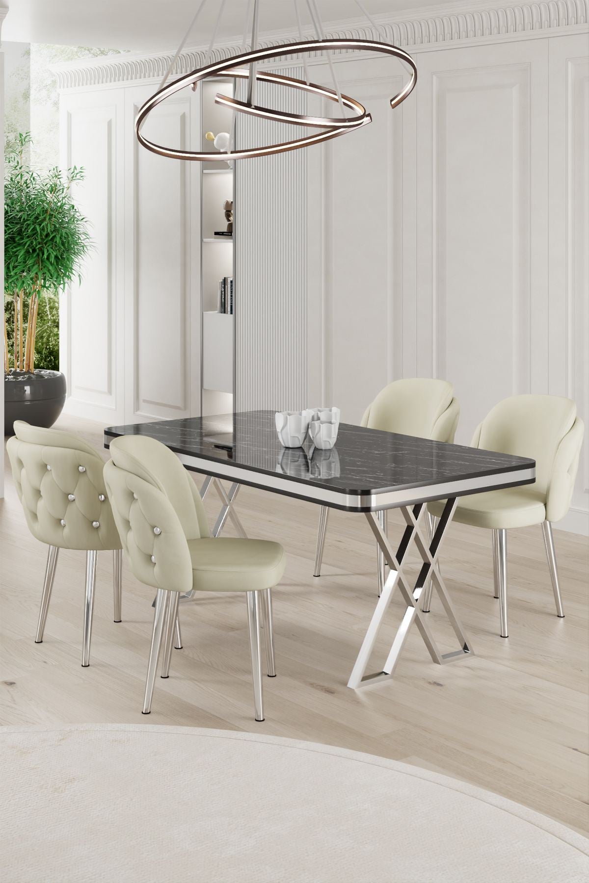 Conjunto de mesa de jantar e cadeiras (5 peças)-Rigel-Mármore Preto
Cromado
Creme