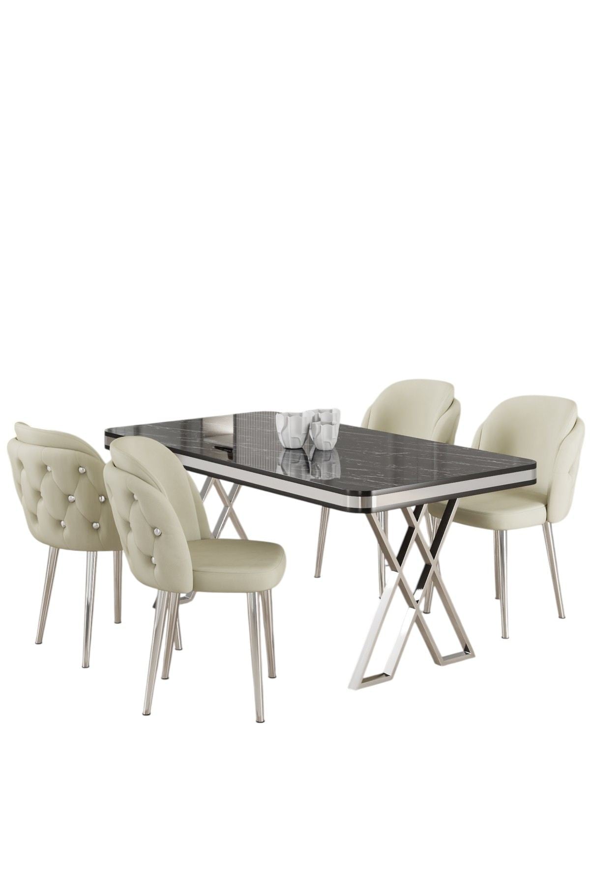 Conjunto de mesa de jantar e cadeiras (5 peças)-Rigel-Mármore Preto
Cromado
Creme