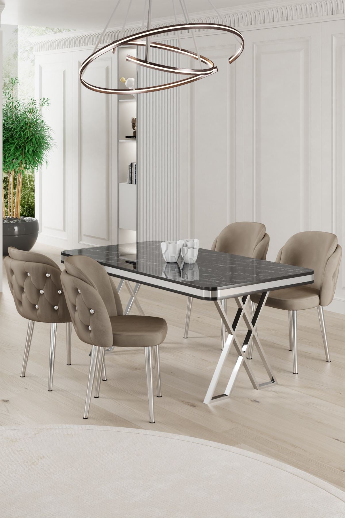 Conjunto de mesa de jantar e cadeiras (5 peças)-Rigel-Mármore Preto
Cromado
Cappuccino