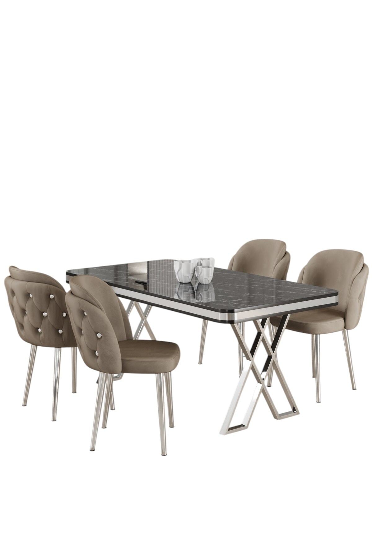 Conjunto de mesa de jantar e cadeiras (5 peças)-Rigel-Mármore Preto
Cromado
Cappuccino