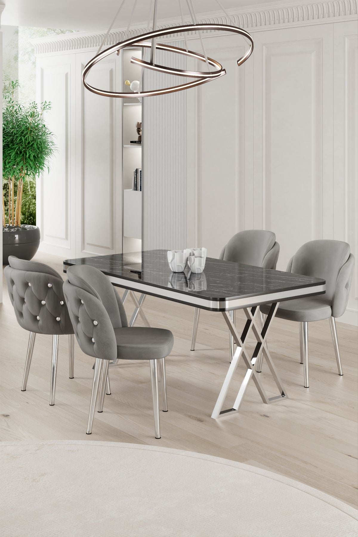Conjunto de mesa de jantar e cadeiras (5 peças)-Rigel-Mármore Preto
Cromado
Cinza