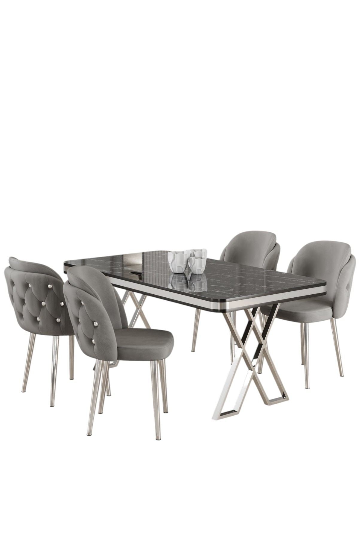 Conjunto de mesa de jantar e cadeiras (5 peças)-Rigel-Mármore Preto
Cromado
Cinza