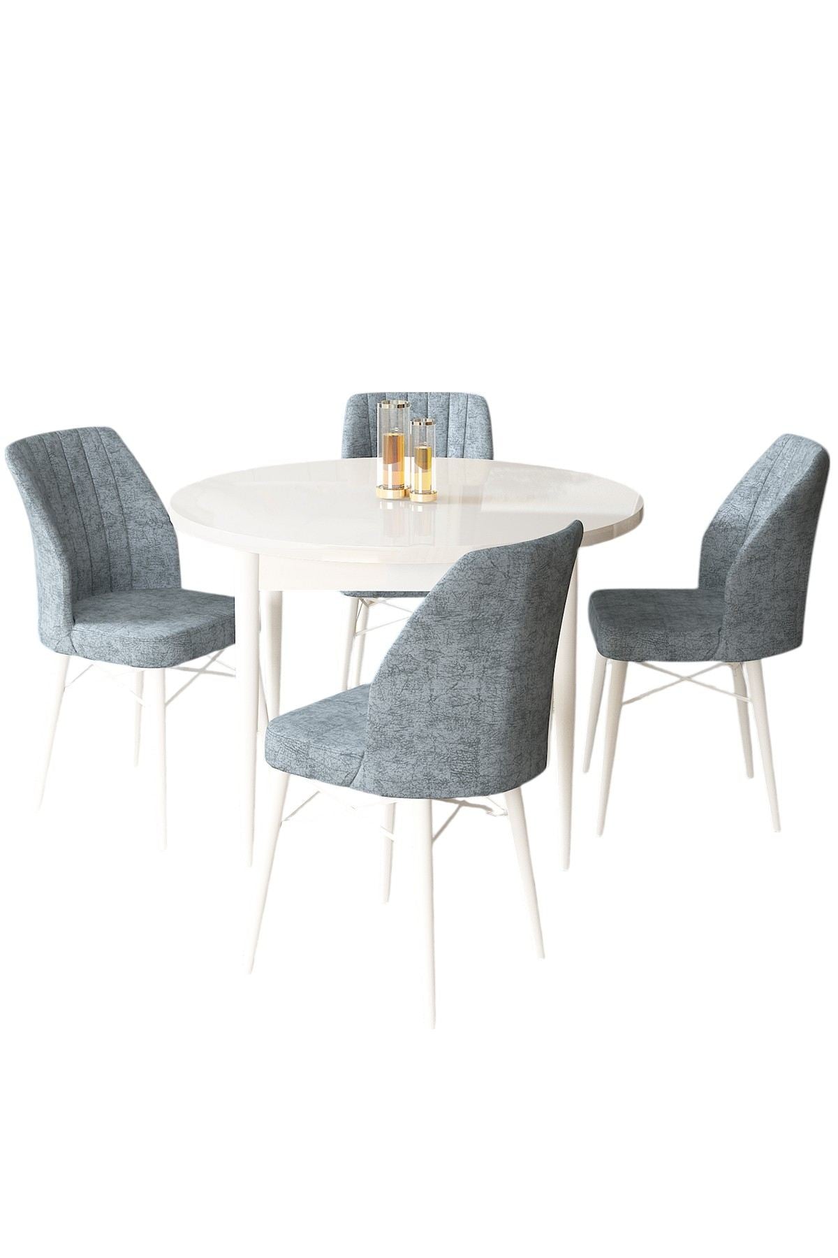 Conjunto de mesa de jantar e cadeiras – Largura 90 cm, Altura 75 cm, Profundidade 90 cm – Branco e Cinza – Painel de partículas revestido de melamina e metal com pernas de madeira