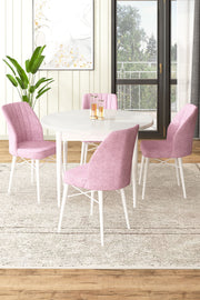 Conjunto de mesa de jantar e cadeiras – 90 cm x 75 cm – Branco e Rosa – Aglomerado com estrutura metálica e pernas de madeira