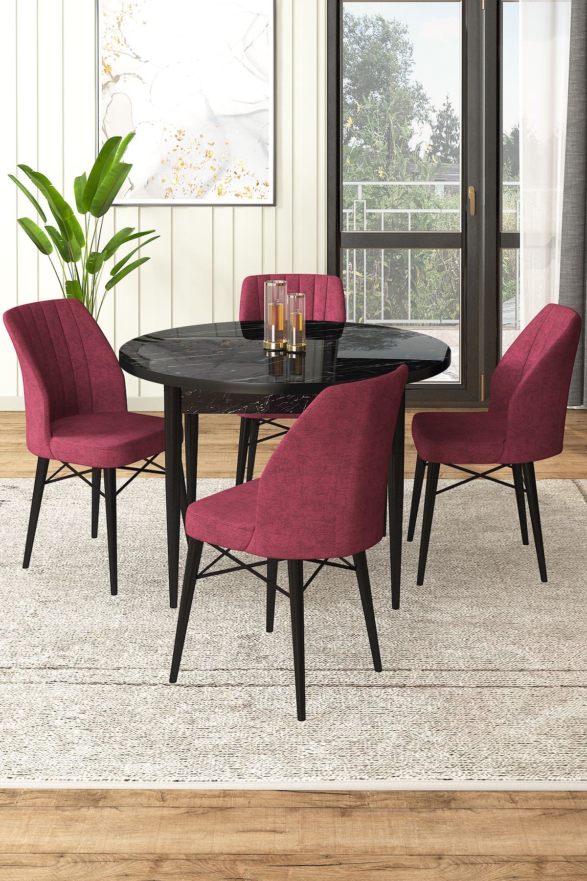 Conjunto de mesa de jantar e cadeiras (5 peças)-Rox-Mármore Preto
Borgonha