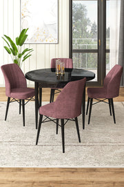 Conjunto de Mesa de Jantar e Cadeiras – 90x75x90cm – Mármore Preto e Rosa Pálido – Aglomerado e Metal