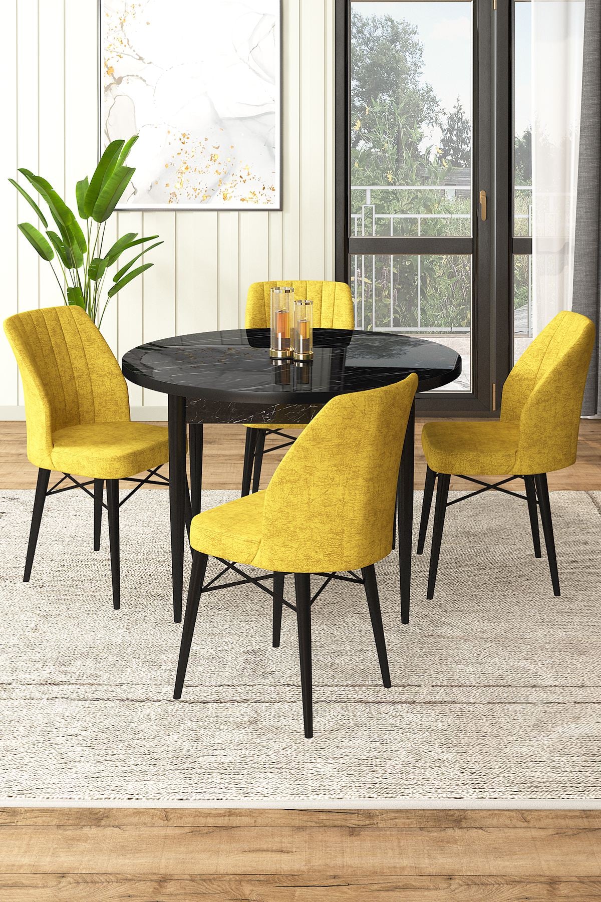 Conjunto de mesa de jantar e cadeiras (5 peças)-Rox-Mármore Preto
Mostarda