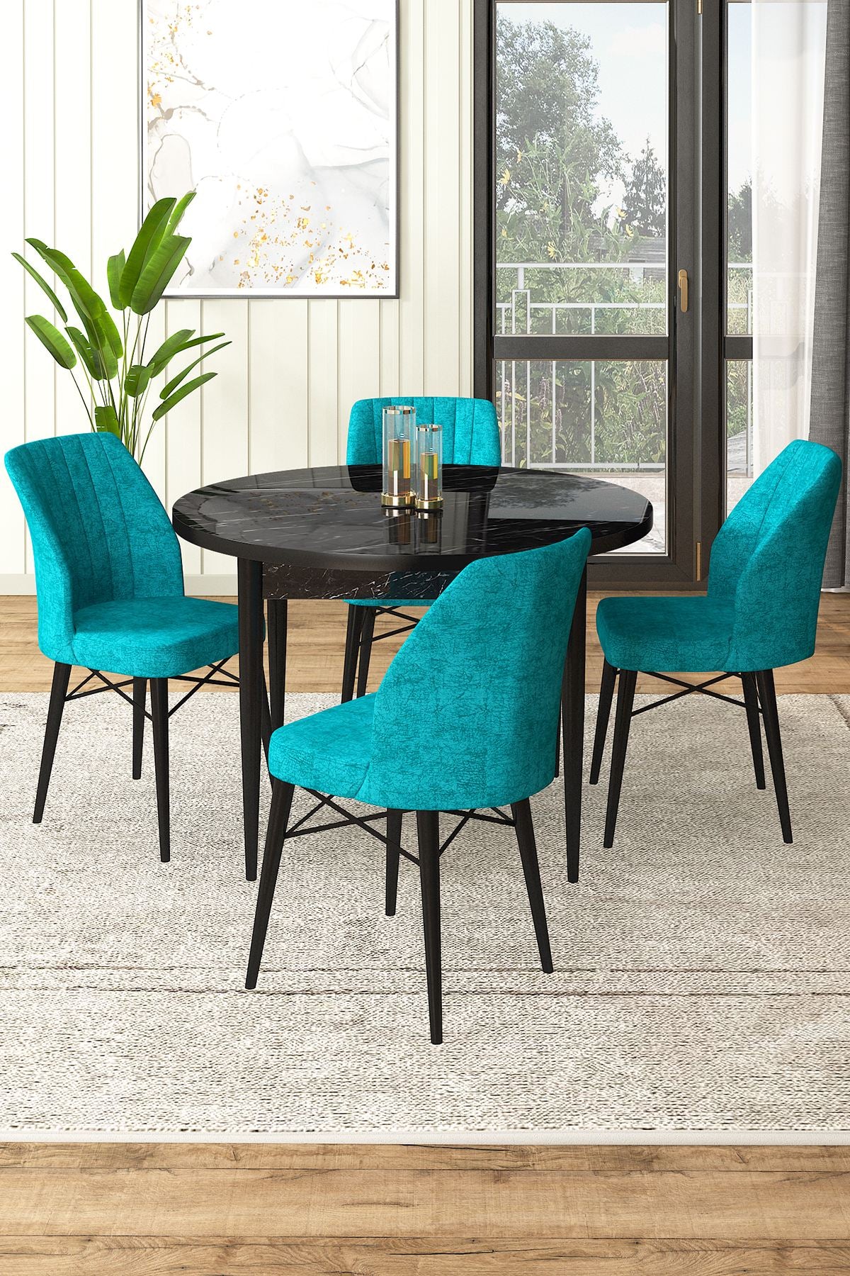 Conjunto de mesa de jantar e cadeiras (5 peças)-Rox-Mármore Preto
Turquesa