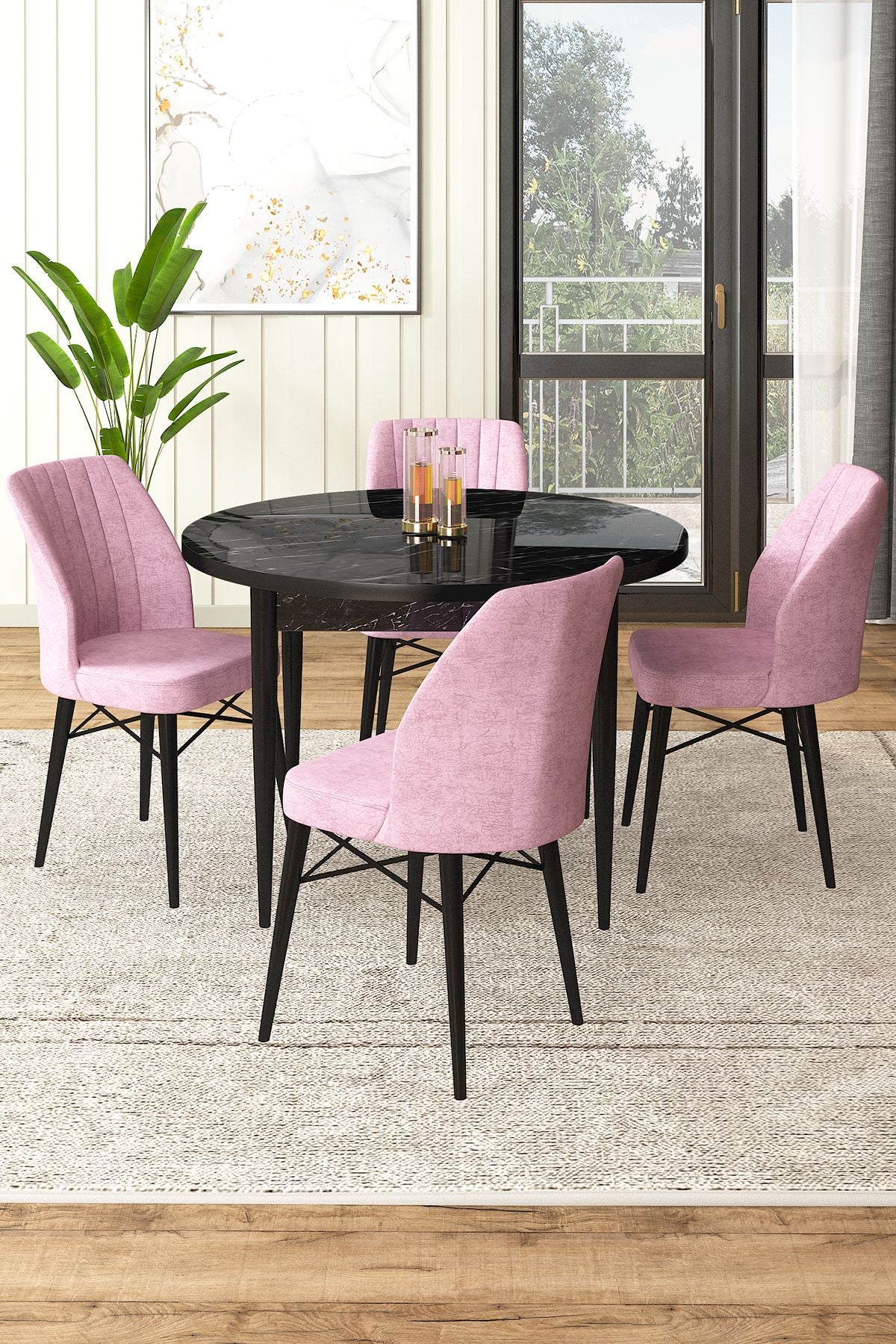 Conjunto de mesa de jantar e cadeiras (5 peças)-Rox-Mármore Preto
Rosa