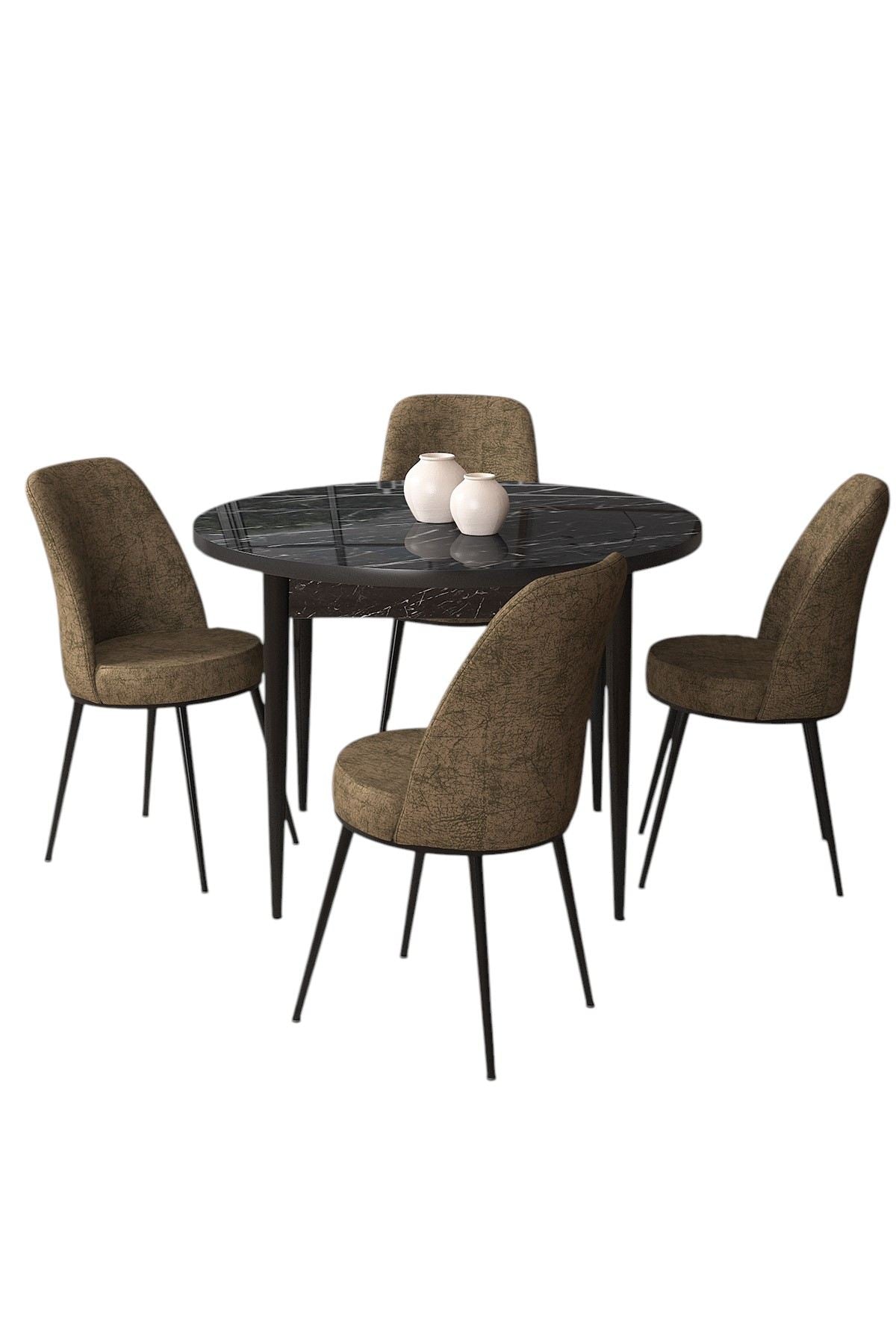 Conjunto de mesa de jantar e cadeiras – 90x75 cm – Mármore Preto e Marrom – Aglomerado e Metal