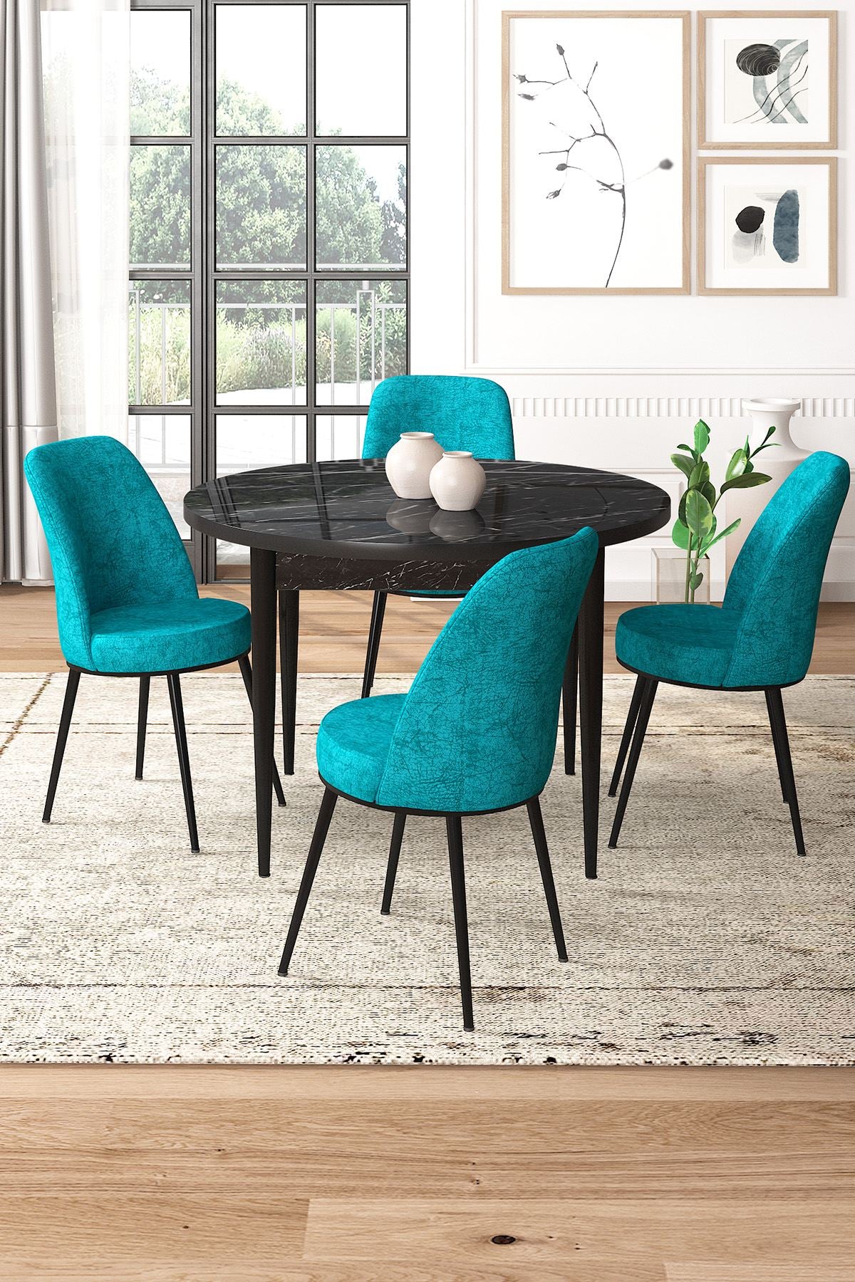 Conjunto de mesa de jantar e cadeiras (5 peças)-Tor-Mármore Preto
Turquesa