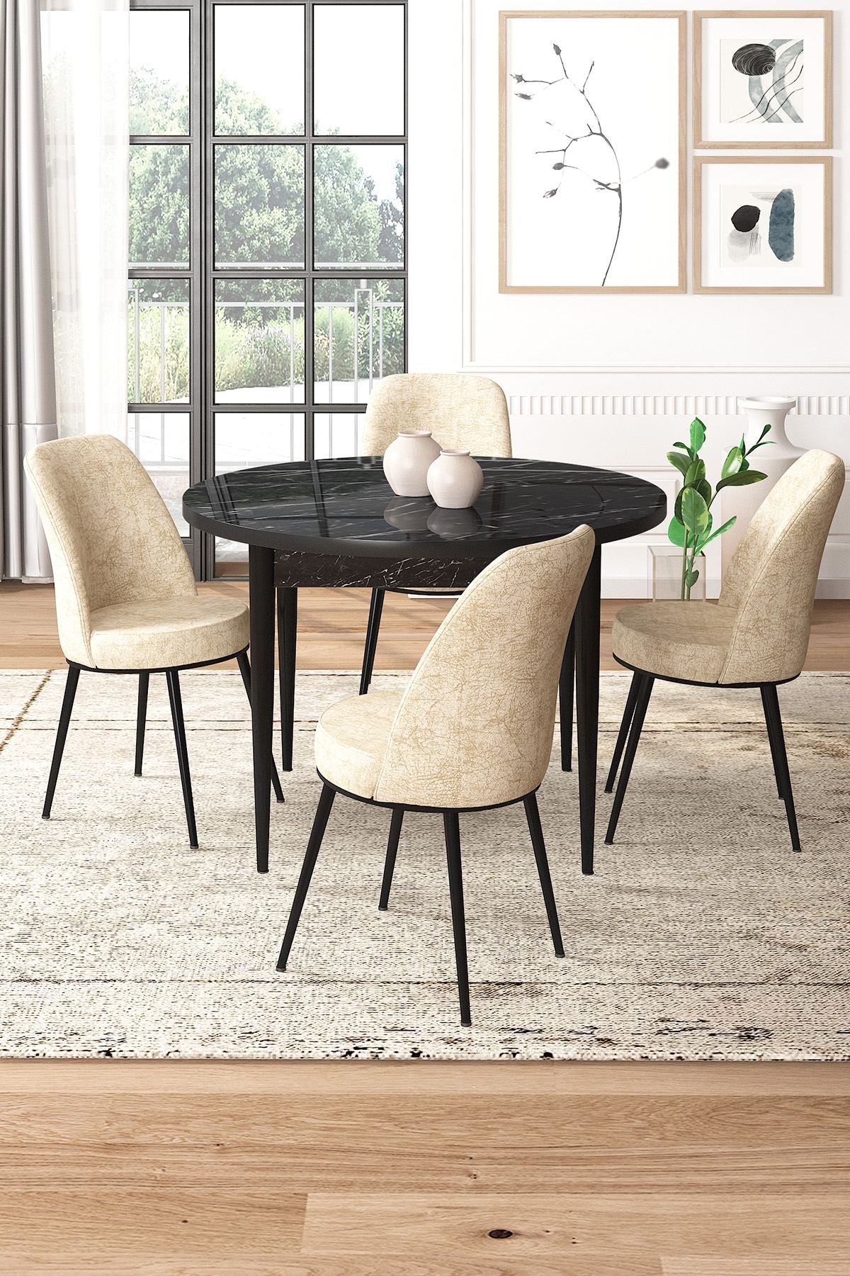 Conjunto de mesa de jantar e cadeiras (5 peças)-Tor-Mármore Preto
Creme
