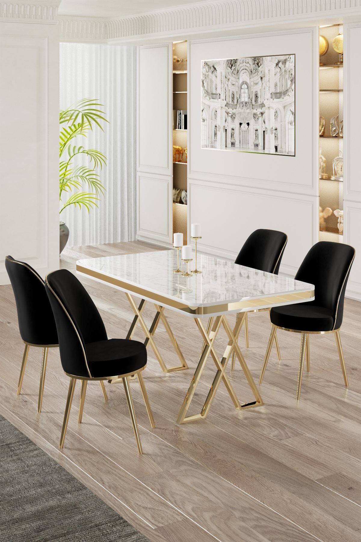 Conjunto de mesa de jantar e cadeiras (5 peças)-Vals-Branco
Dourado
Preto