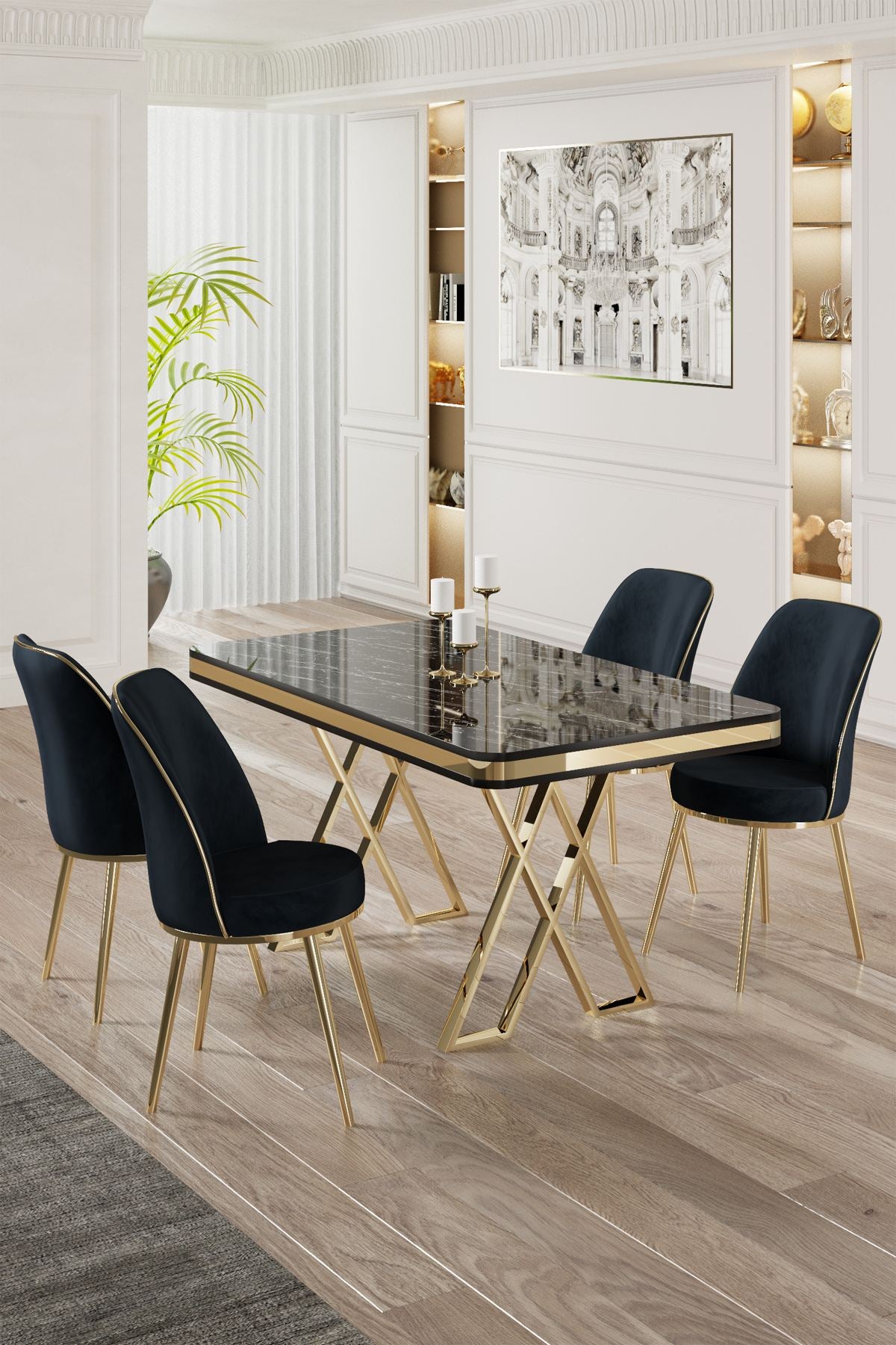 Conjunto de mesa de jantar e cadeiras (5 peças)-Vals-Marlène Negro
Dourado
Antracite