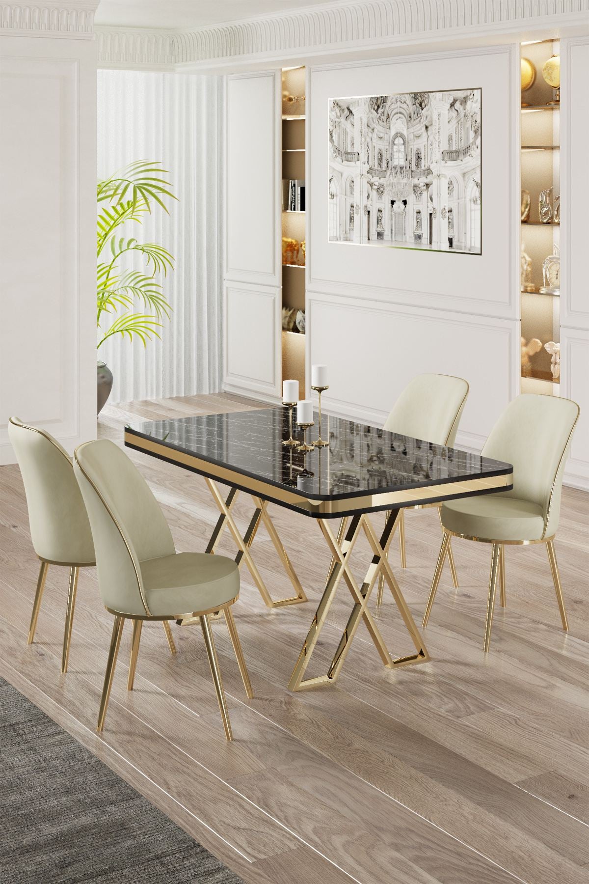 Conjunto de mesa de jantar e cadeiras (5 peças)-Vals-Mármore Preto
Dourado
Creme