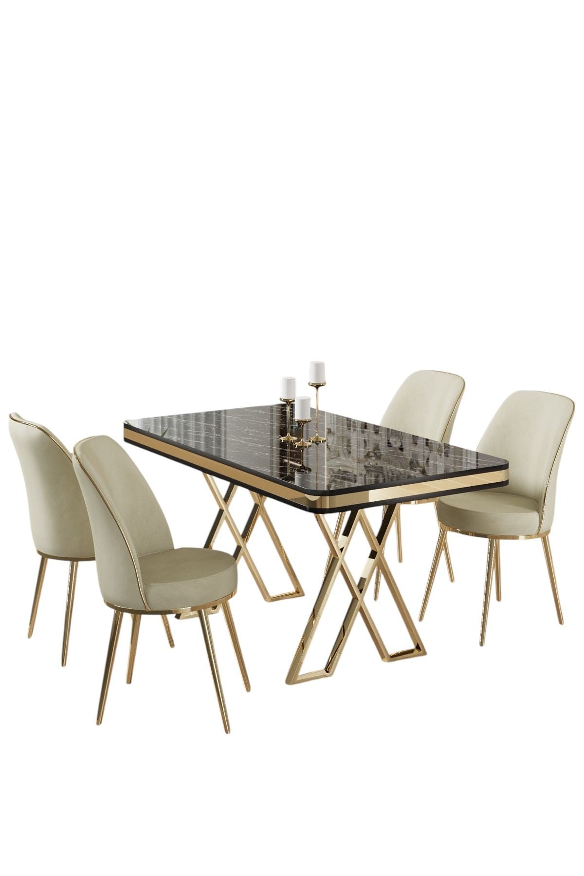Conjunto de mesa de jantar e cadeiras (5 peças)-Vals-Mármore Preto
Dourado
Creme