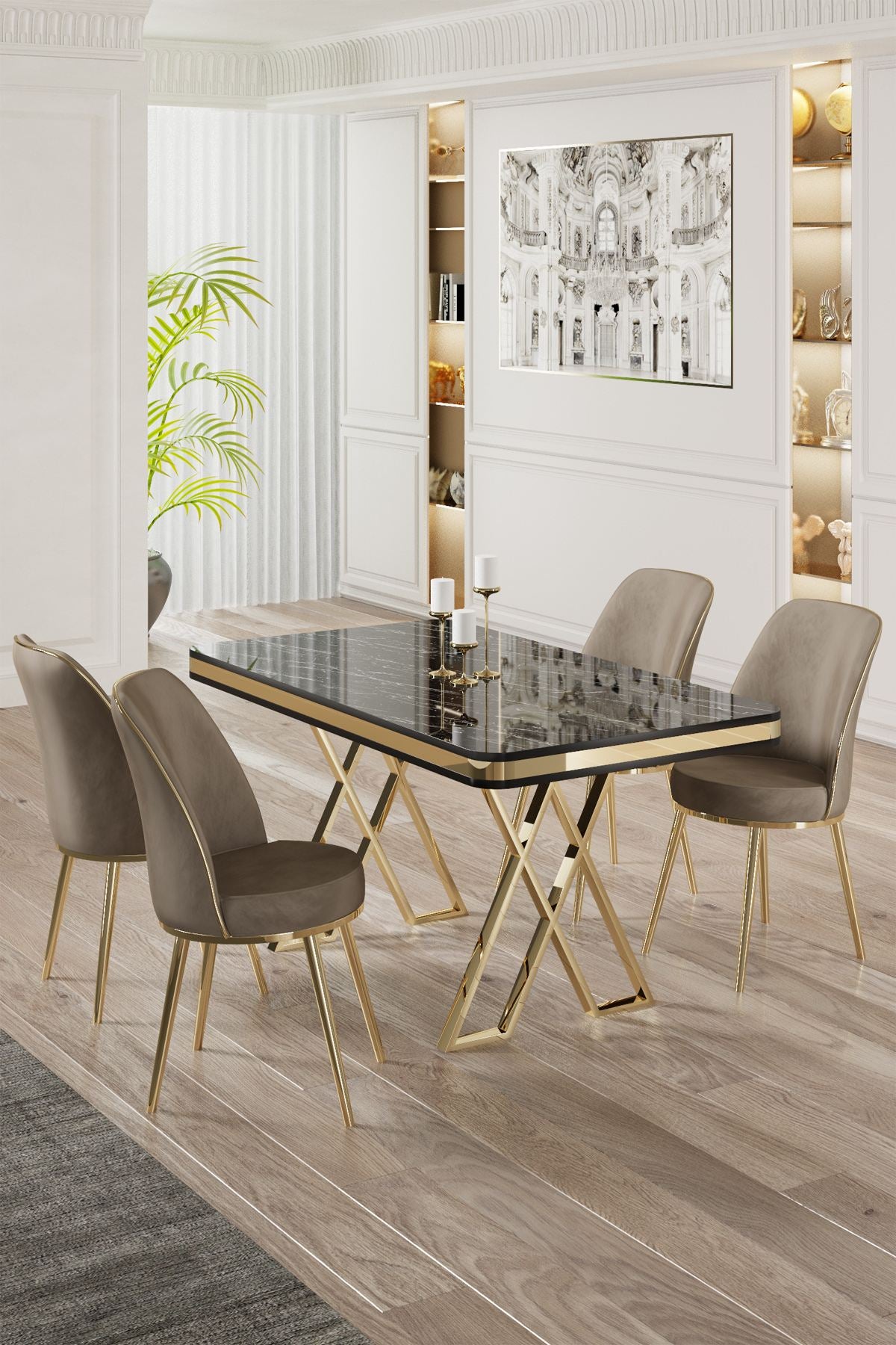 Conjunto de mesa de jantar e cadeiras (5 peças)-Vals-Mármore Preto
Dourado
Cappuccino