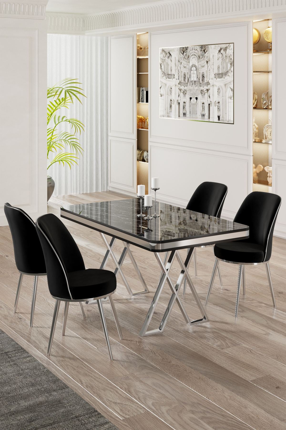 Conjunto de mesa de jantar e cadeiras (5 peças)-Vals-Mármore Preto
Cromado
Preto