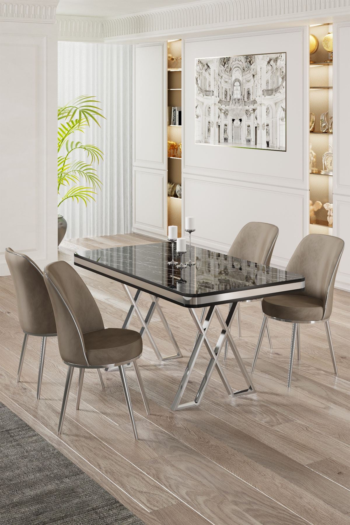 Conjunto de mesa de jantar e cadeiras (5 peças)-Vals-Mármore Preto
Cromado
Cappuccino