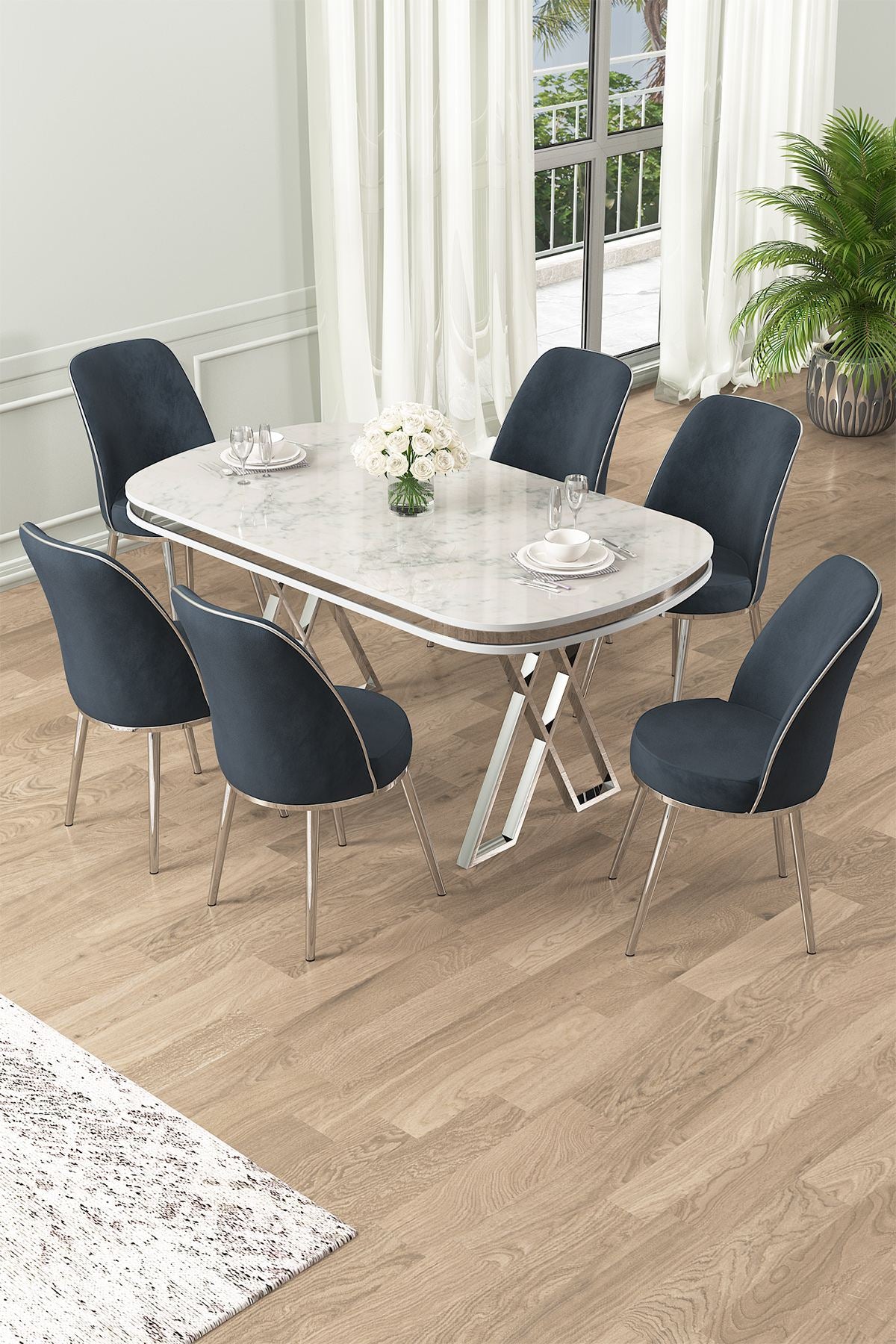 Conjunto de mesa de jantar e cadeiras (7 peças)-Lai-Branco
Cromo
Antracite