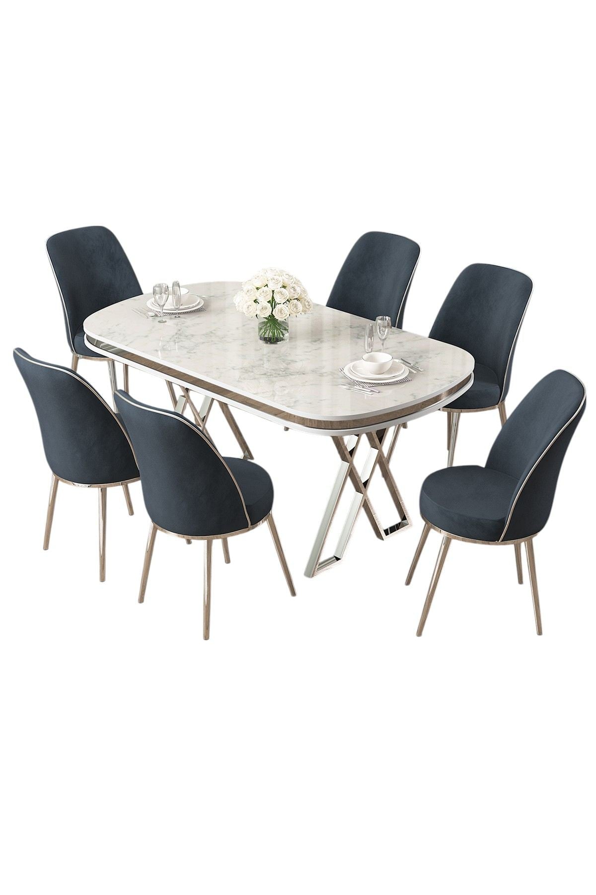 Conjunto de mesa de jantar e cadeiras (7 peças)-Lai-Branco
Cromo
Antracite