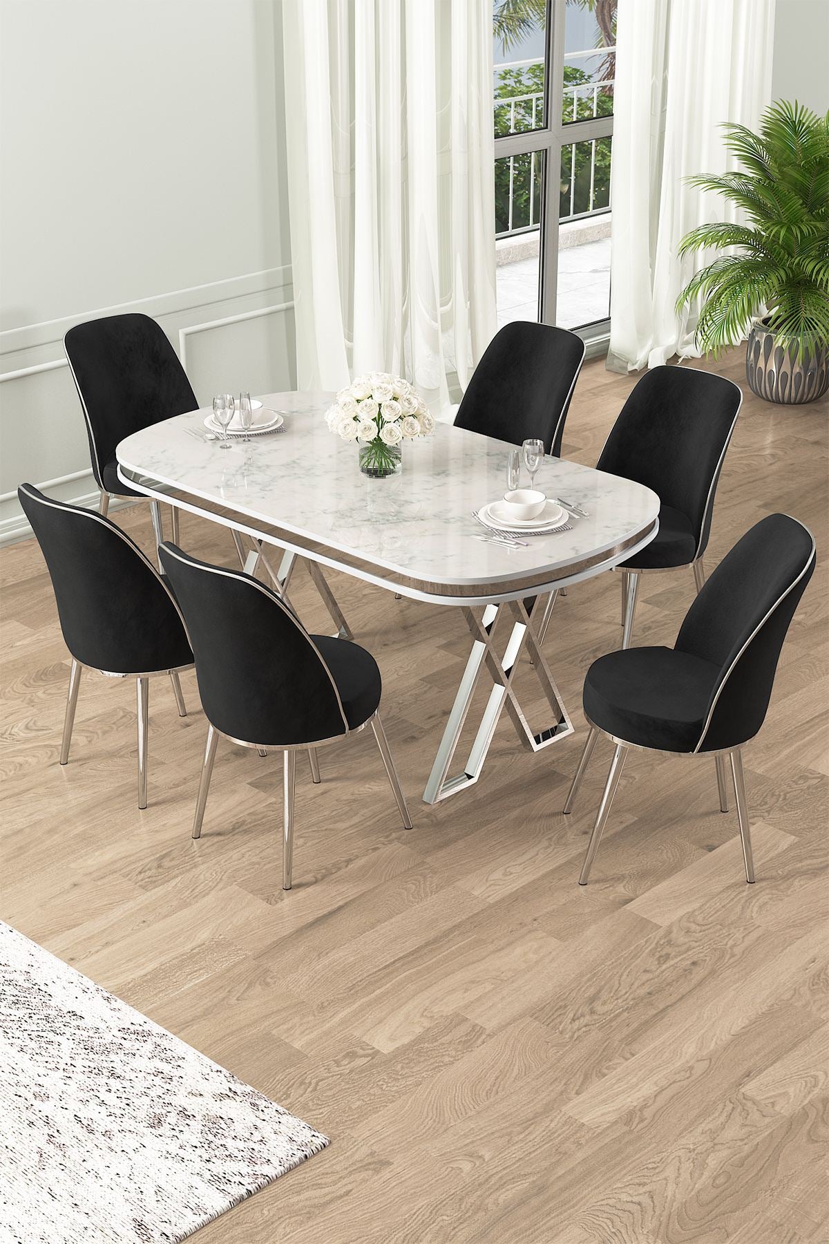 Conjunto de mesa de jantar e cadeiras (7 peças)-Lai-Branco
Cromado
Preto