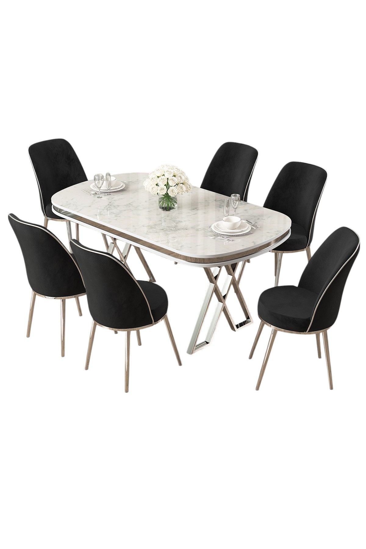 Conjunto de mesa de jantar e cadeiras (7 peças)-Lai-Branco
Cromado
Preto