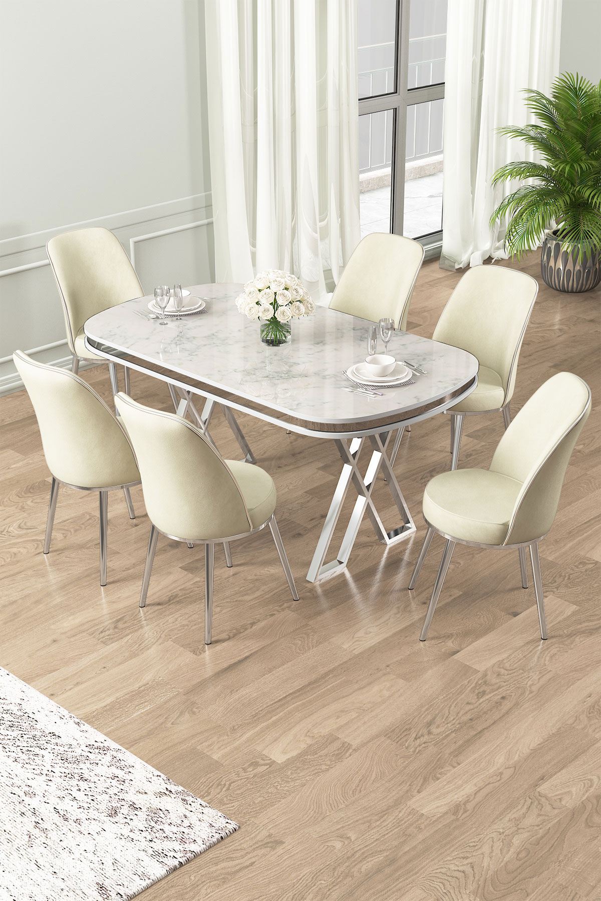 Conjunto de mesa de jantar e cadeiras (7 peças)-Lai-Branco
Cromado
Creme