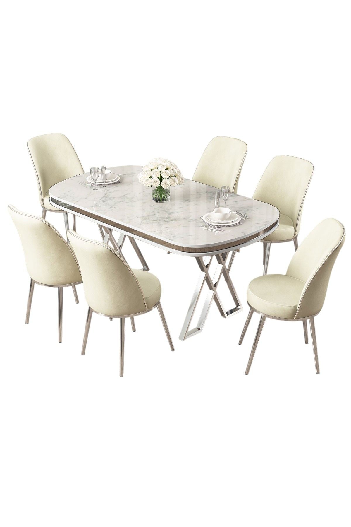 Conjunto de mesa de jantar e cadeiras (7 peças)-Lai-Branco
Cromado
Creme