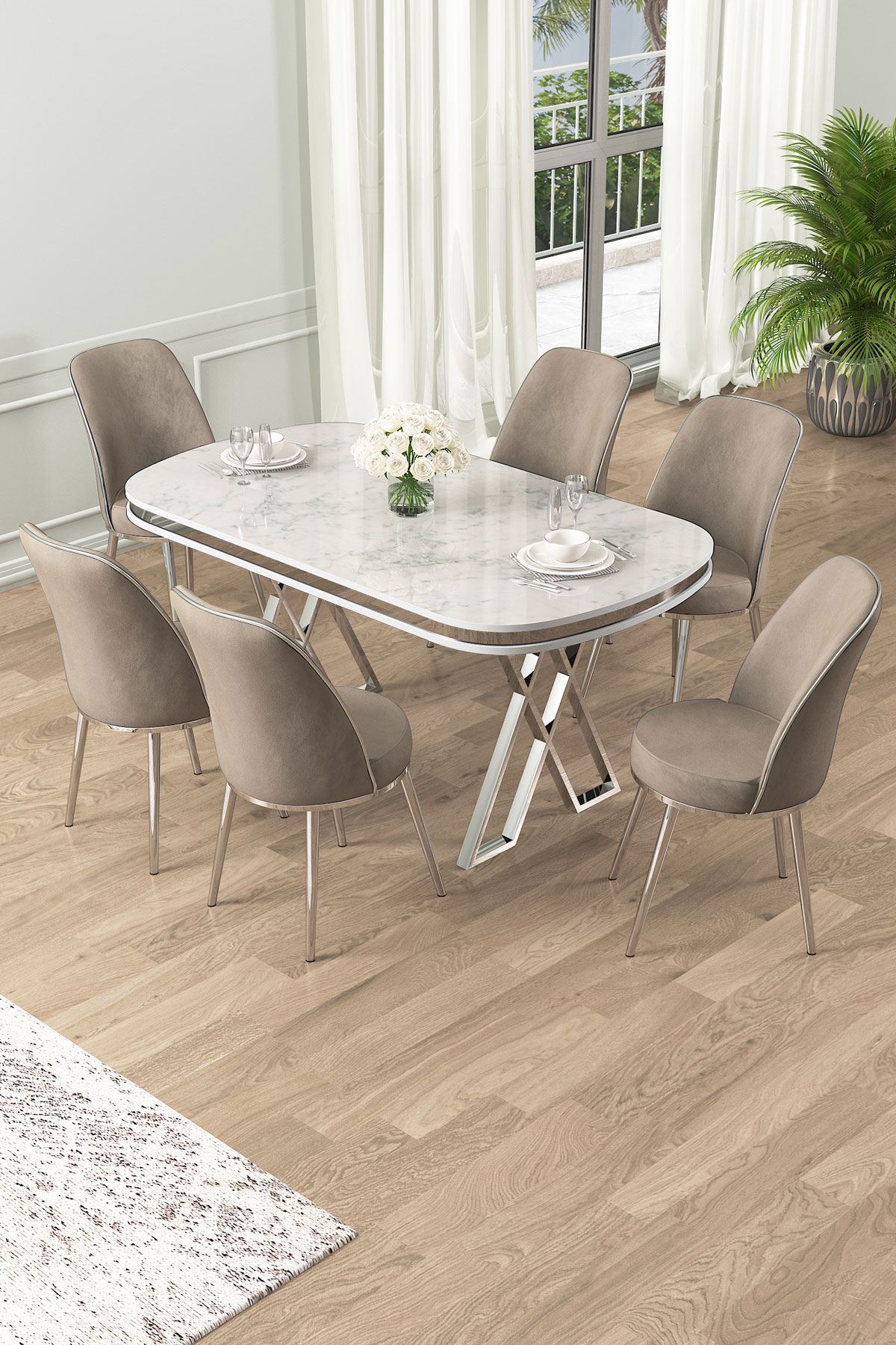 Conjunto de mesa de jantar e cadeiras (7 peças)-Lai-Branco
Cromado
Cappuccino