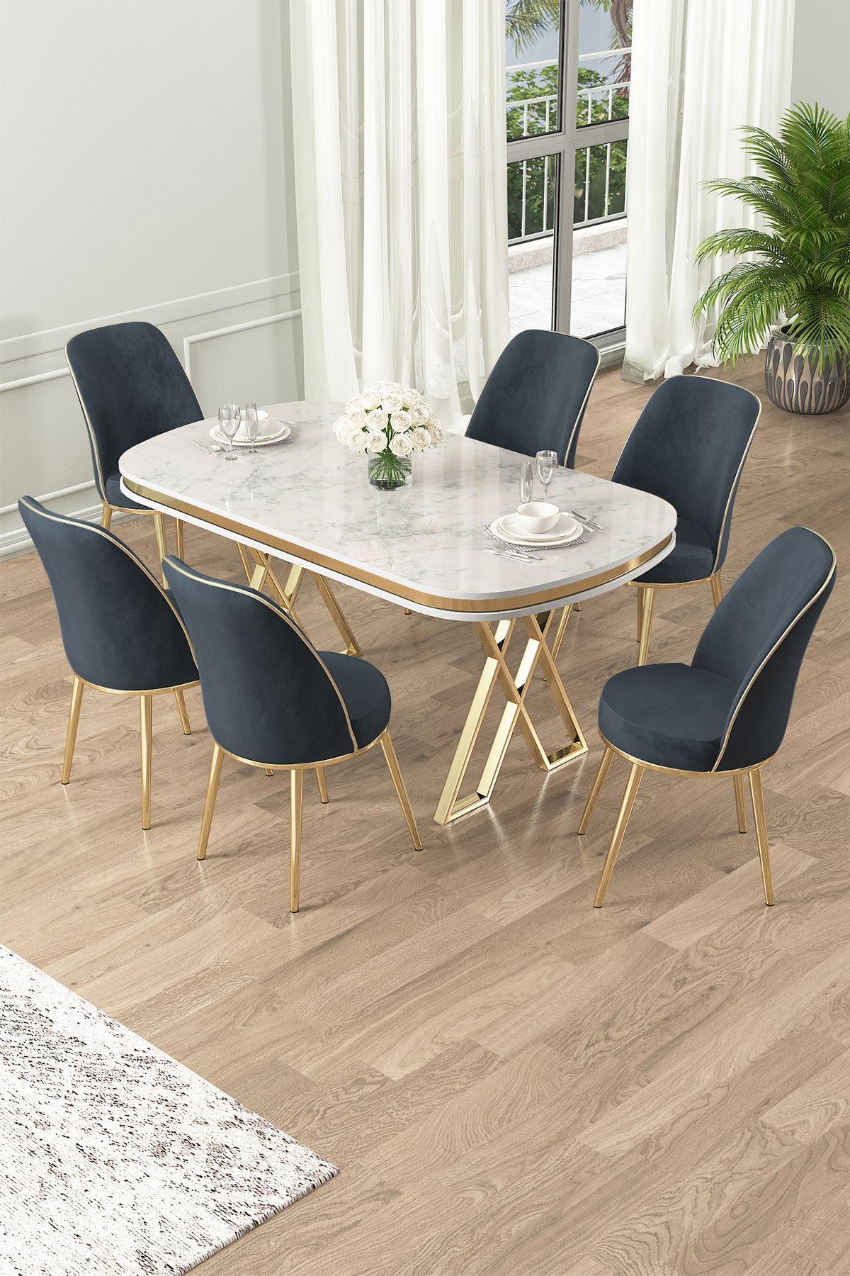Conjunto de mesa de jantar e cadeiras (7 peças)-Lai-Branco
Ouro
Antracite