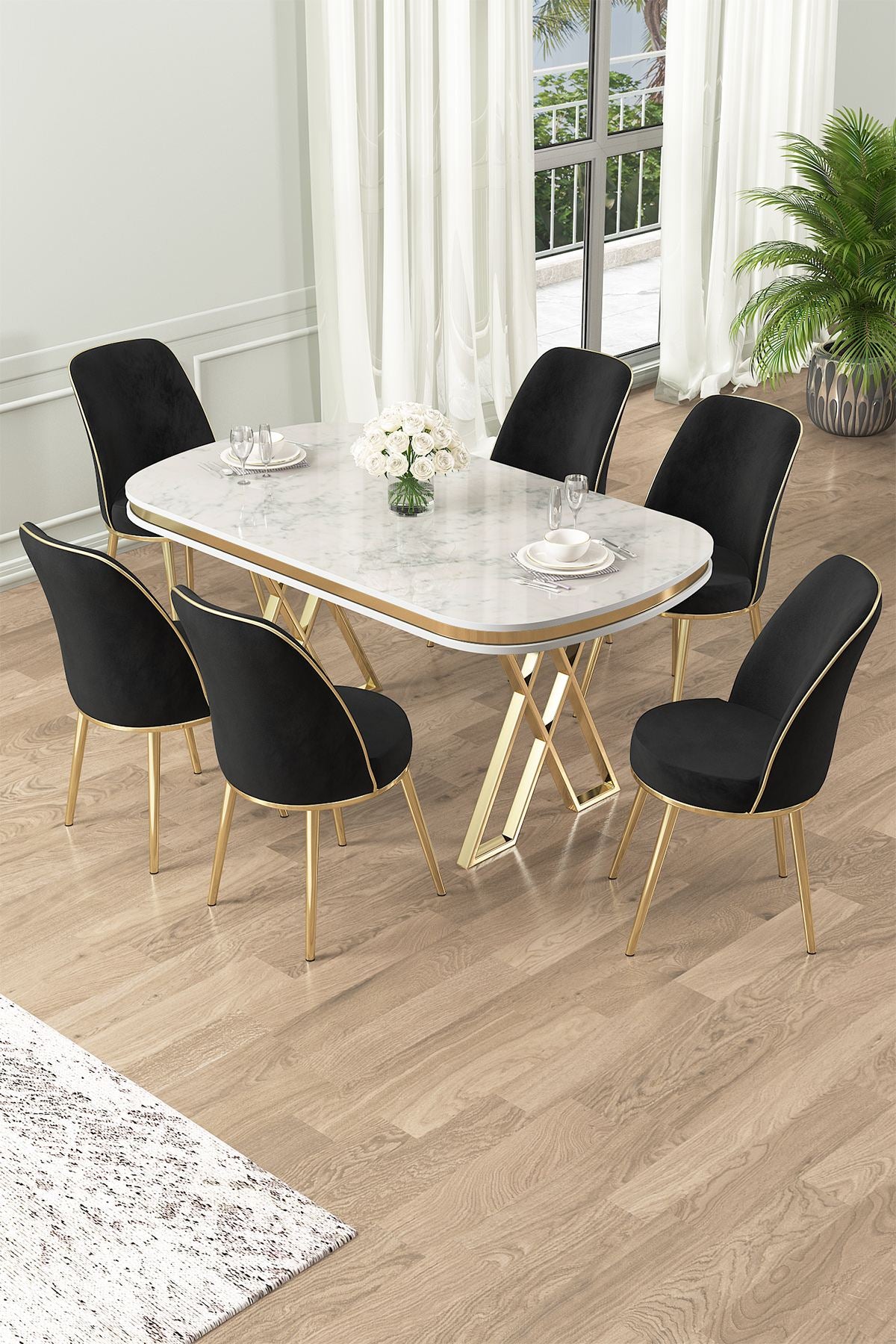 Conjunto de mesa de jantar e cadeiras (7 peças)-Lai-Branco
Dourado
Preto