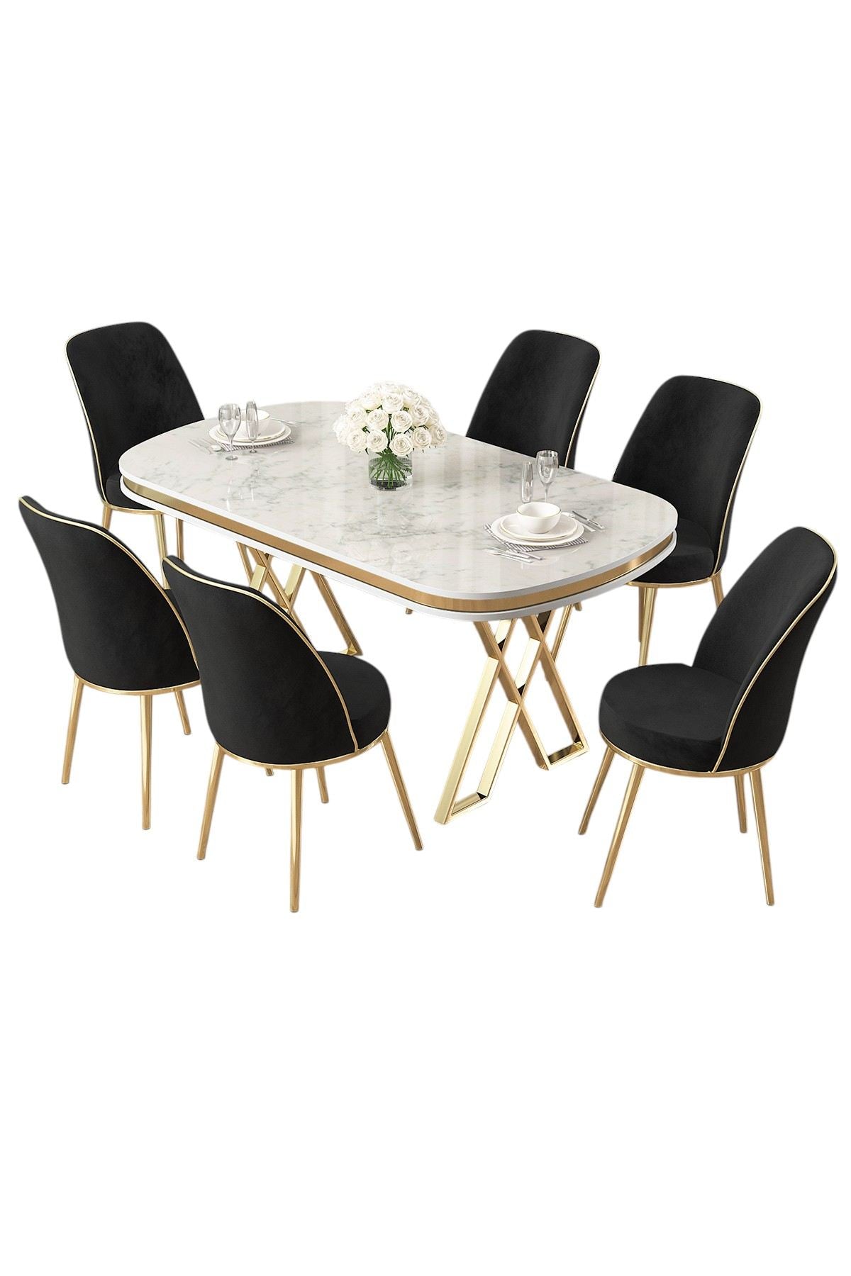 Conjunto de mesa de jantar e cadeiras (7 peças)-Lai-Branco
Dourado
Preto
