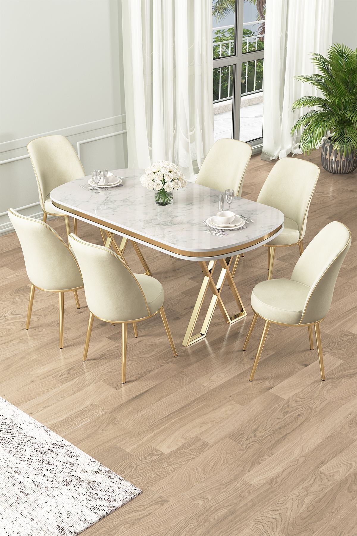 Conjunto de mesa de jantar e cadeiras (7 peças)-Lai-Branco
Ouro
Creme