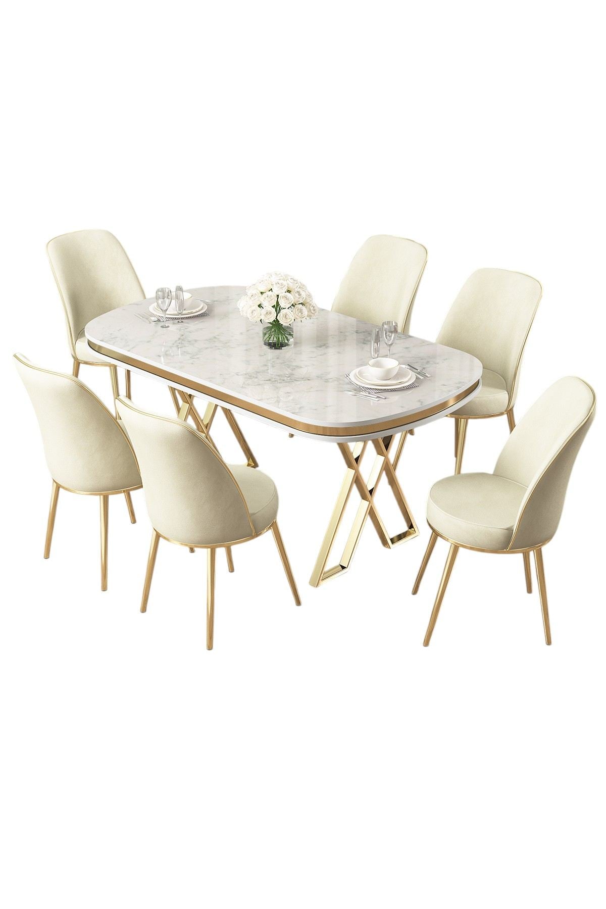 Conjunto de mesa de jantar e cadeiras (7 peças)-Lai-Branco
Ouro
Creme